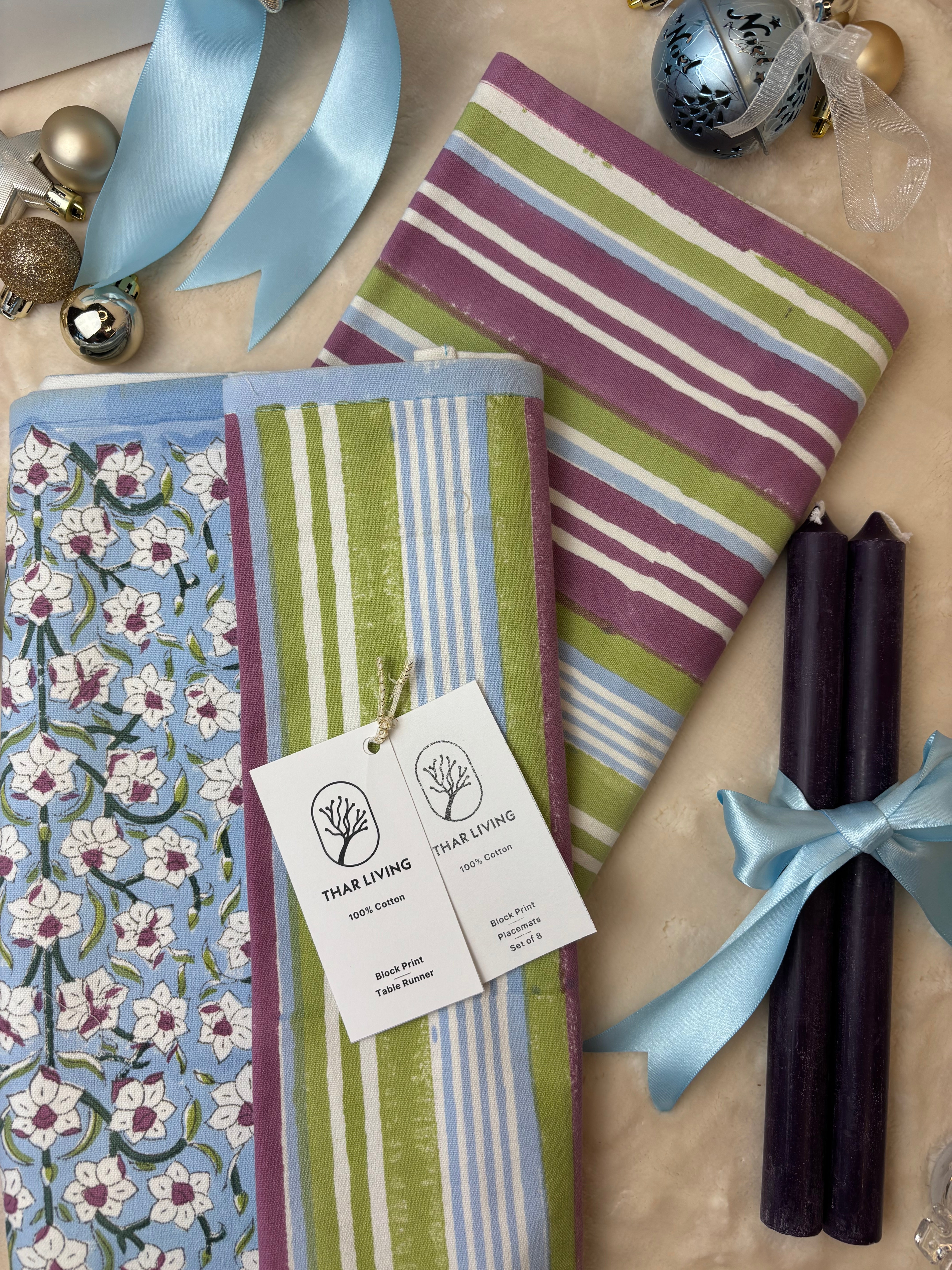 Nargis Holiday Gift Set – Hand Block Printed Striped Table Runner & 8 Placemats | Artisanal Gift under $120