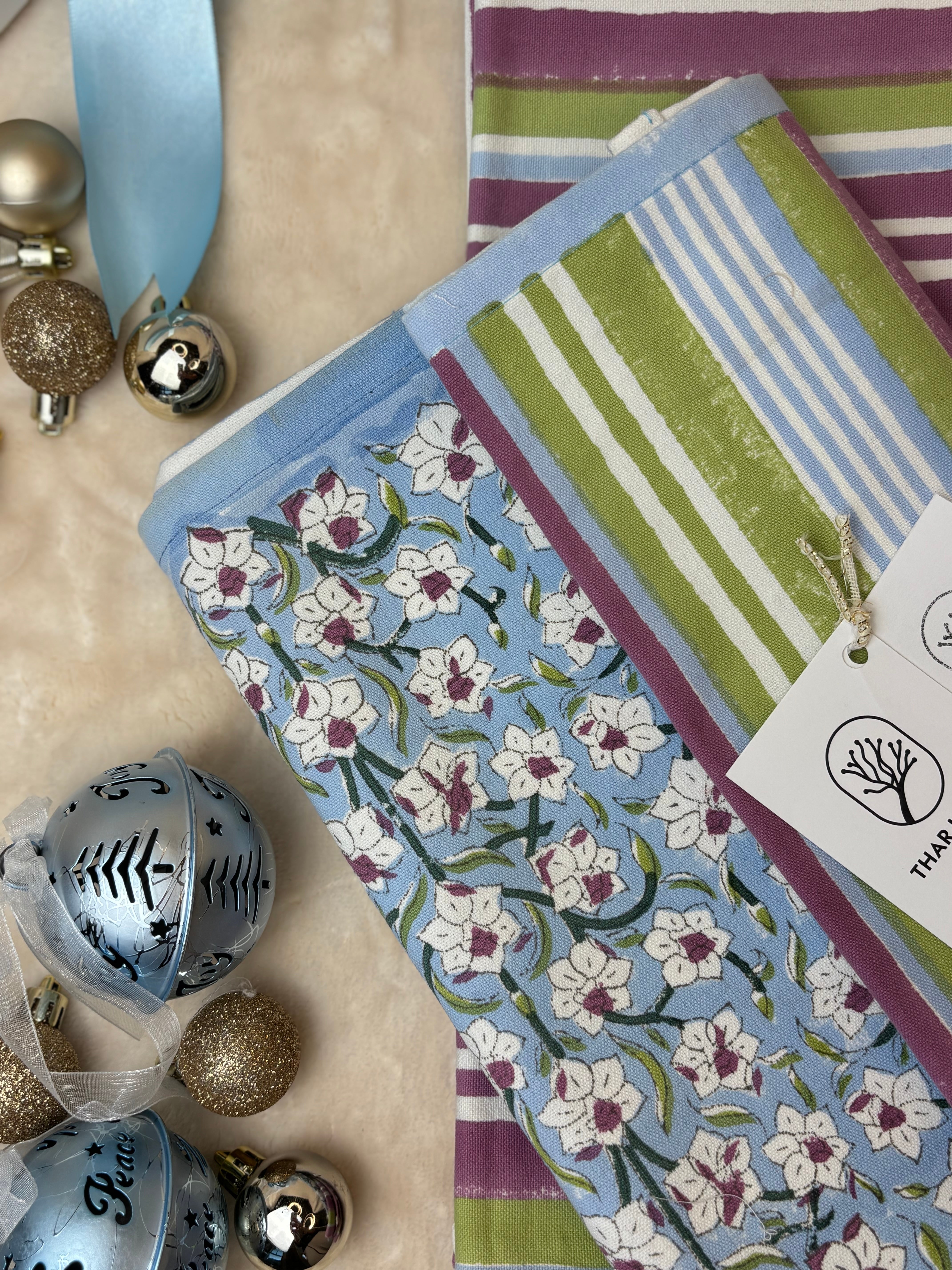 Nargis Holiday Gift Set – Hand Block Printed Striped Table Runner & 8 Placemats | Artisanal Gift under $120