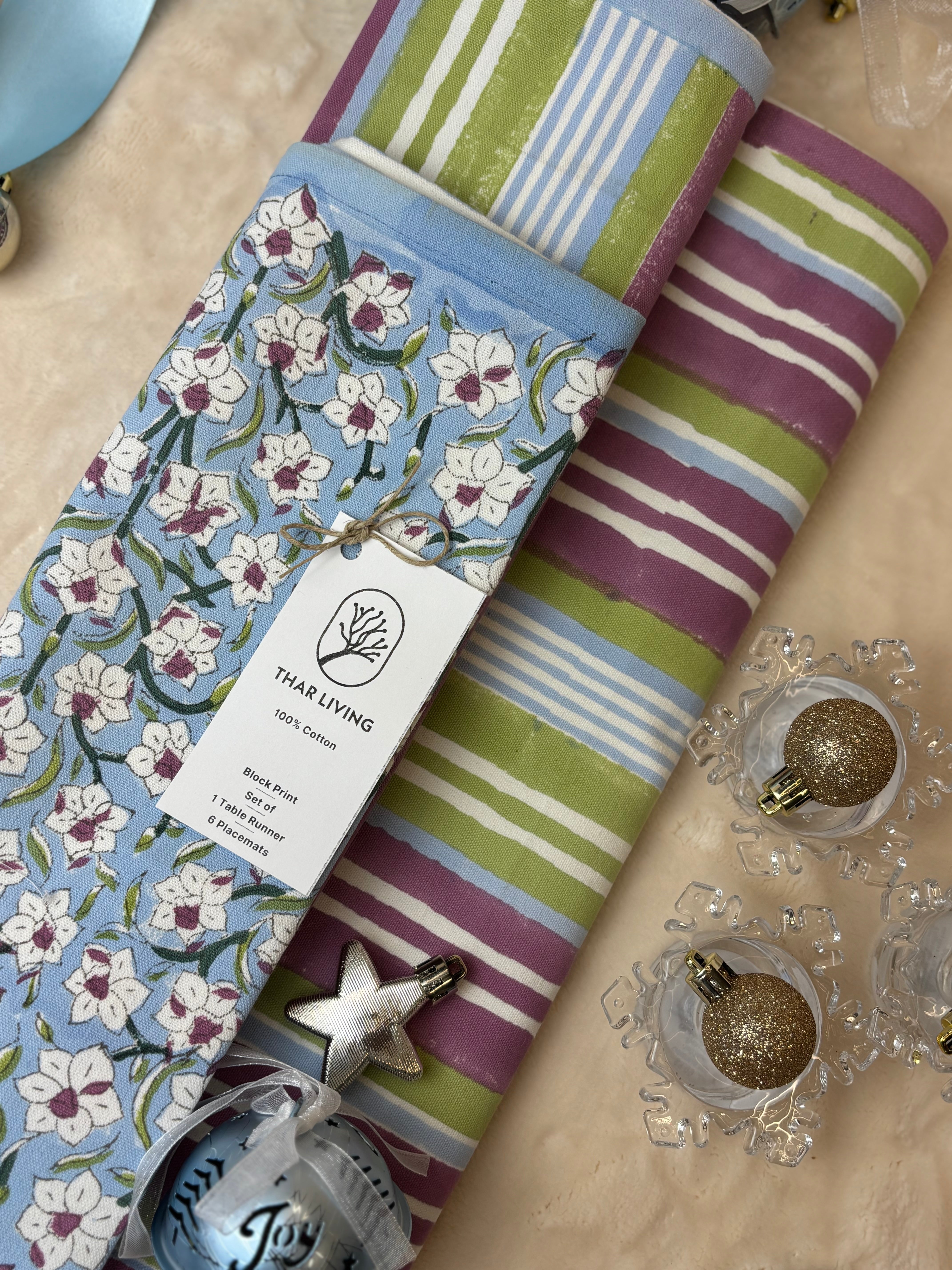 Nargis Holiday Gift Set – Hand Block Printed Striped Table Runner & 6 Placemats | Artisanal Gift under $100