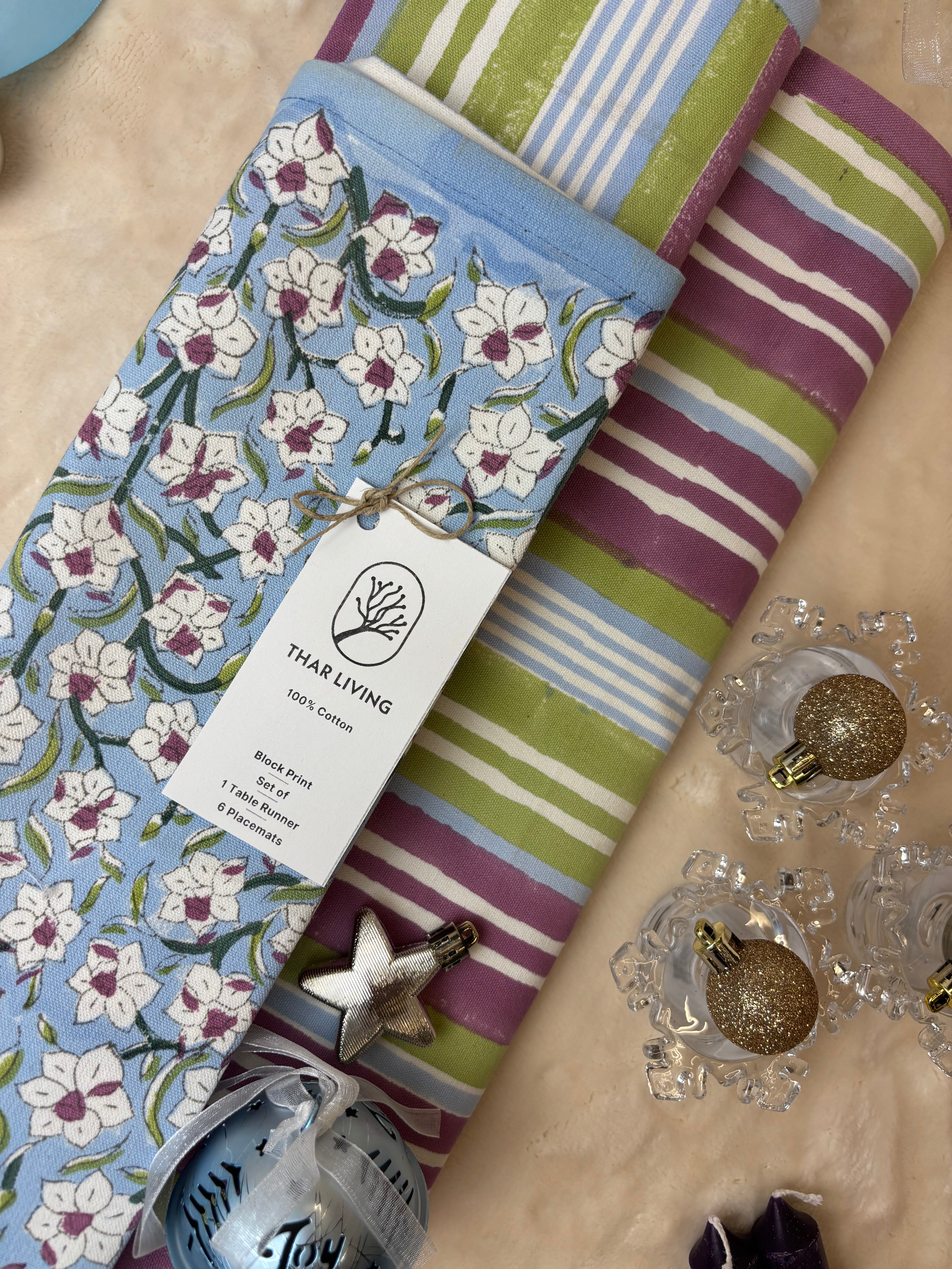 Nargis Holiday Gift Set – Hand Block Printed Striped Table Runner & 6 Placemats | Artisanal Gift under $100