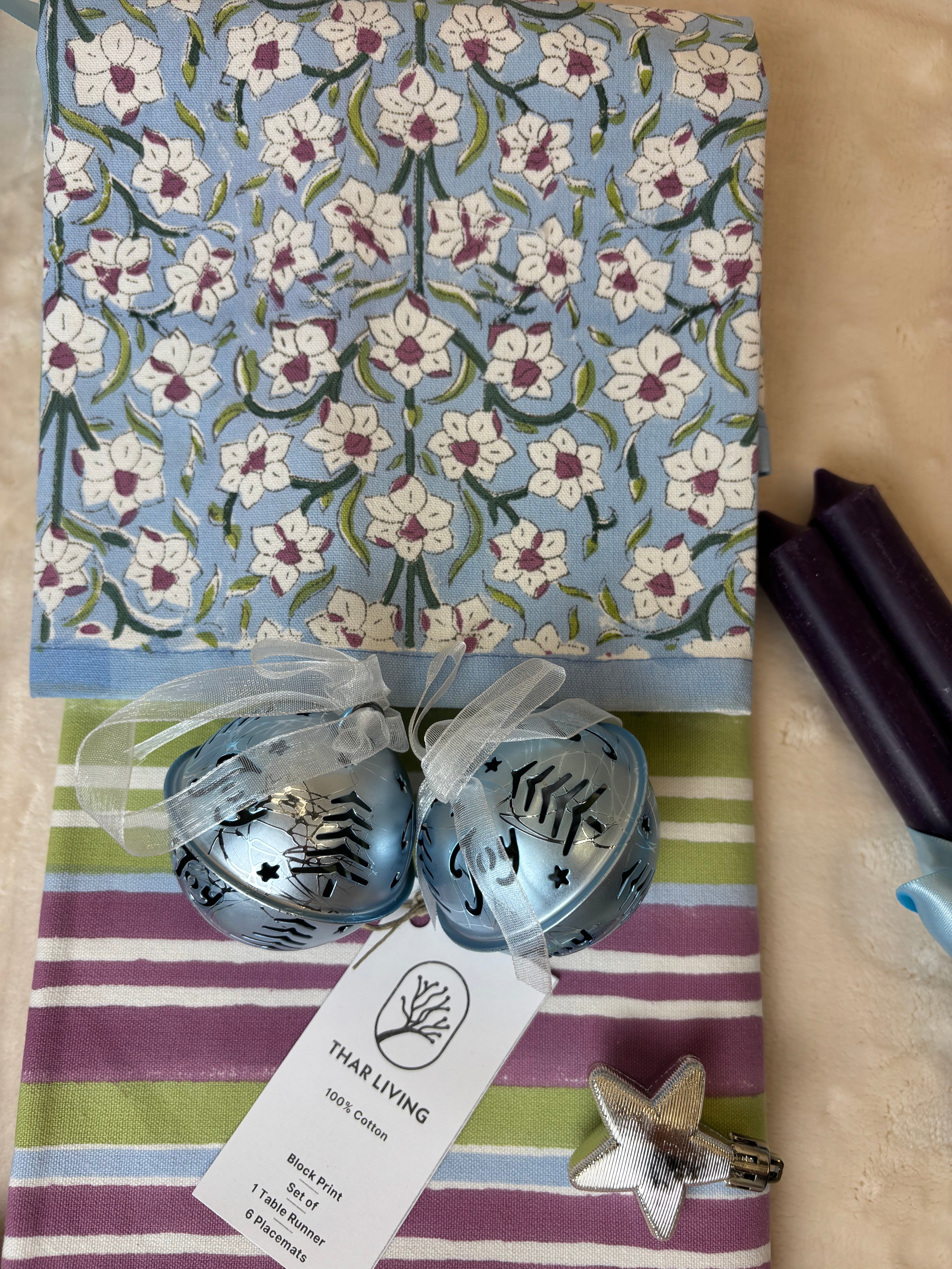 Nargis Holiday Gift Set – Hand Block Printed Striped Table Runner & 6 Placemats | Artisanal Gift under $100