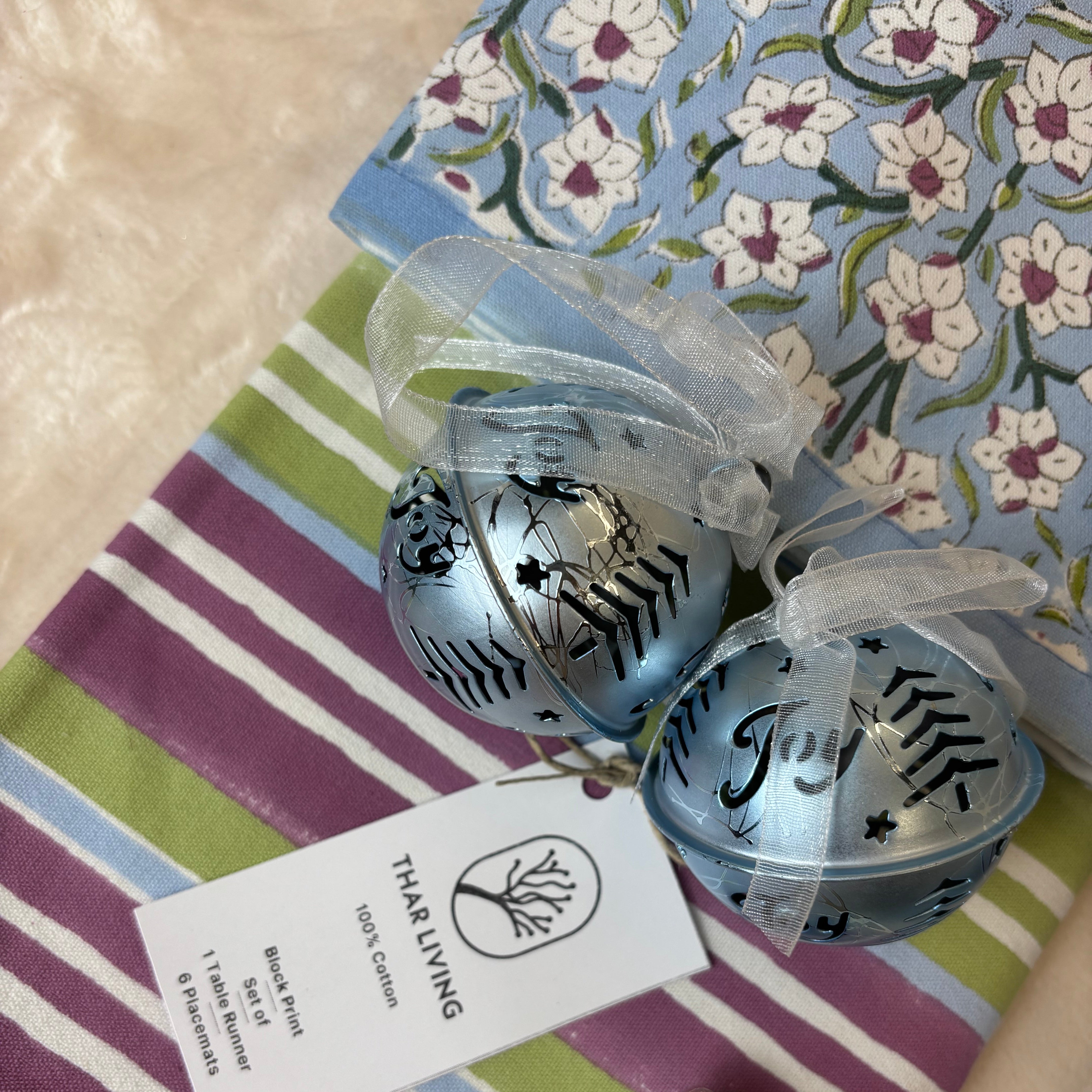 Nargis Holiday Gift Set – Hand Block Printed Striped Table Runner & 6 Placemats | Artisanal Gift under $100