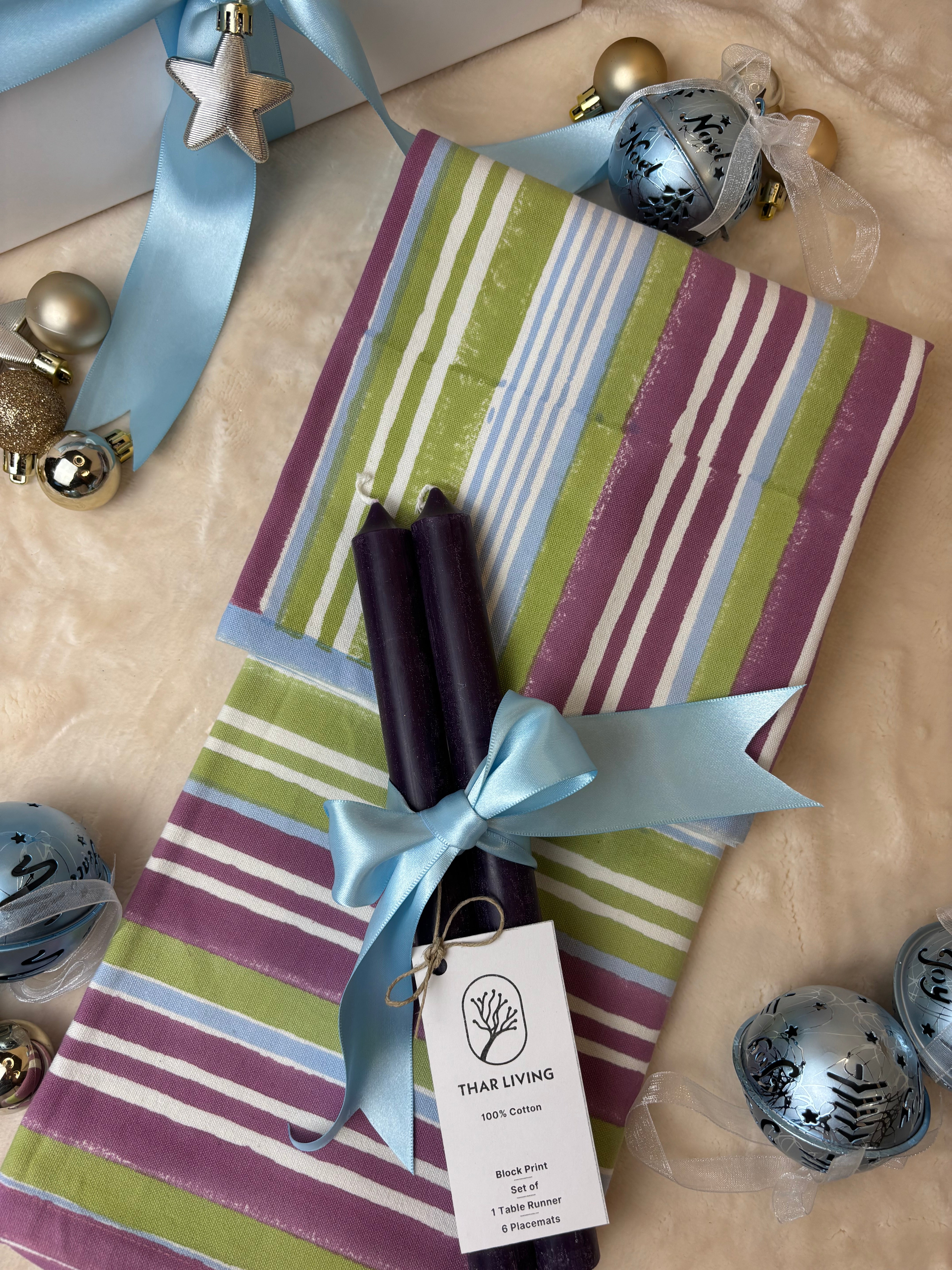 Nargis Holiday Gift Set – Hand Block Printed Striped Table Runner & 6 Placemats | Artisanal Gift under $100