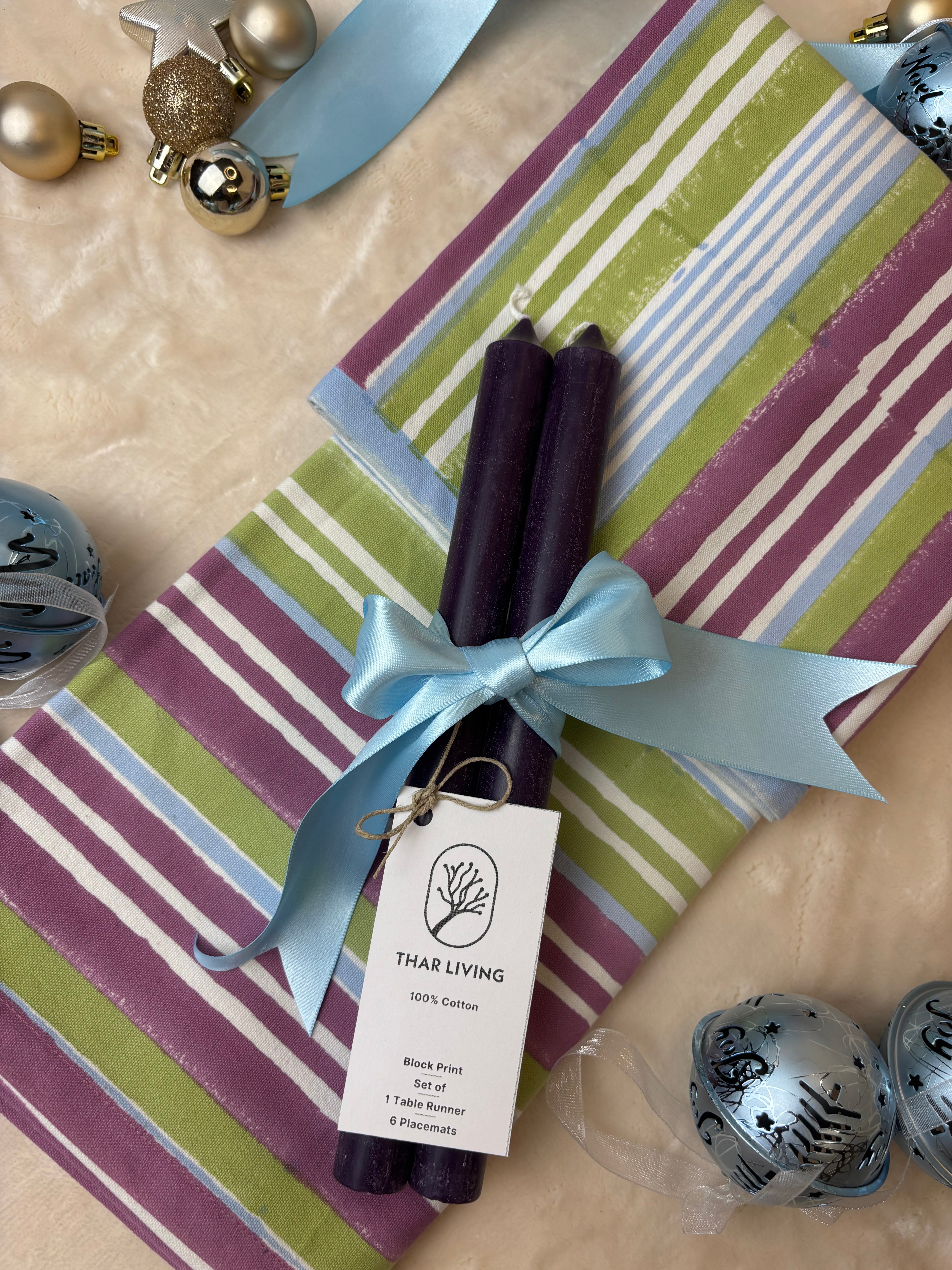 Nargis Holiday Gift Set – Hand Block Printed Striped Table Runner & 6 Placemats | Artisanal Gift under $100