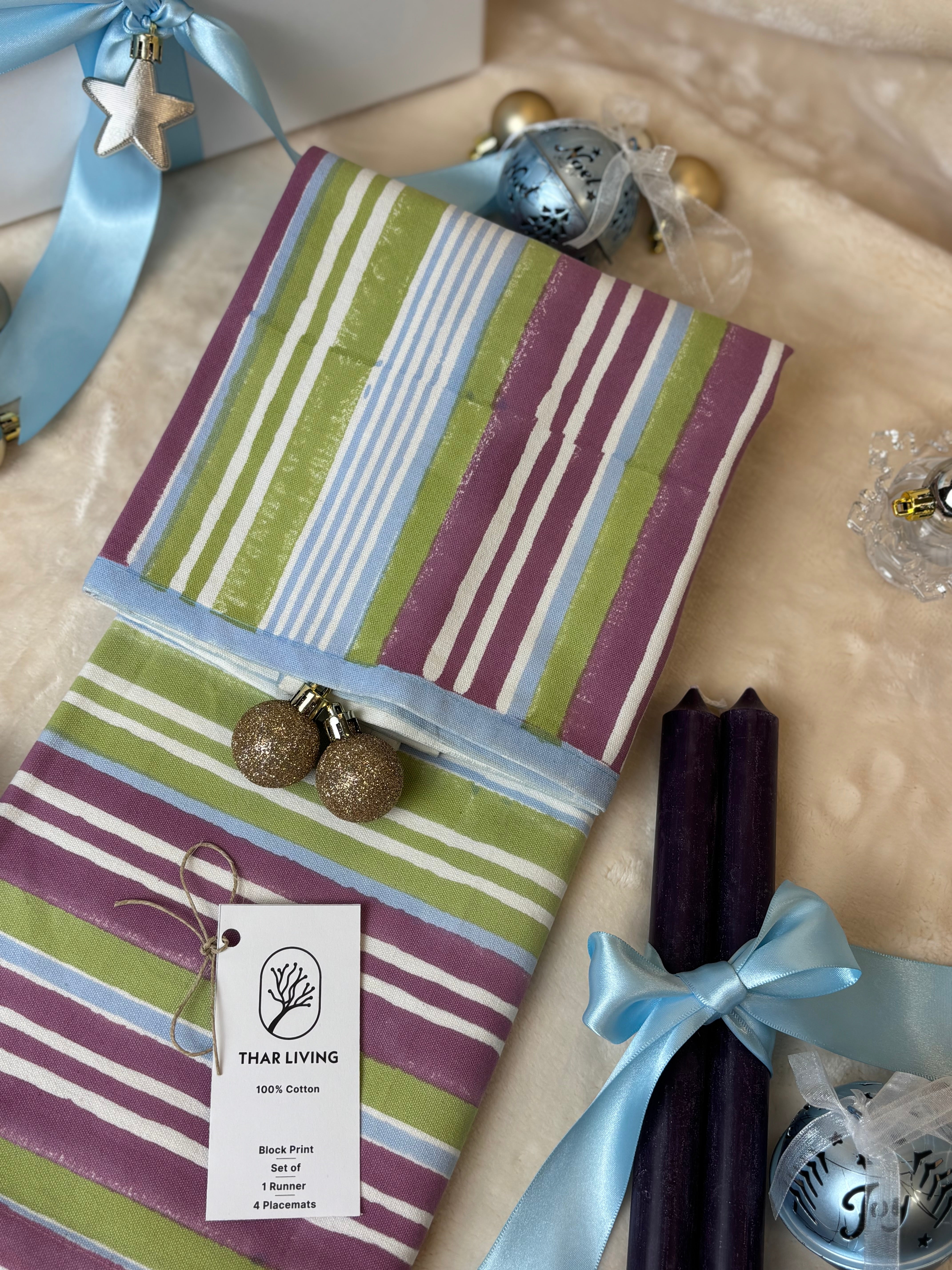 Nargis Holiday Gift Set – Hand Block Printed Striped Table Runner & 4 Placemats | Artisanal Gift under $100