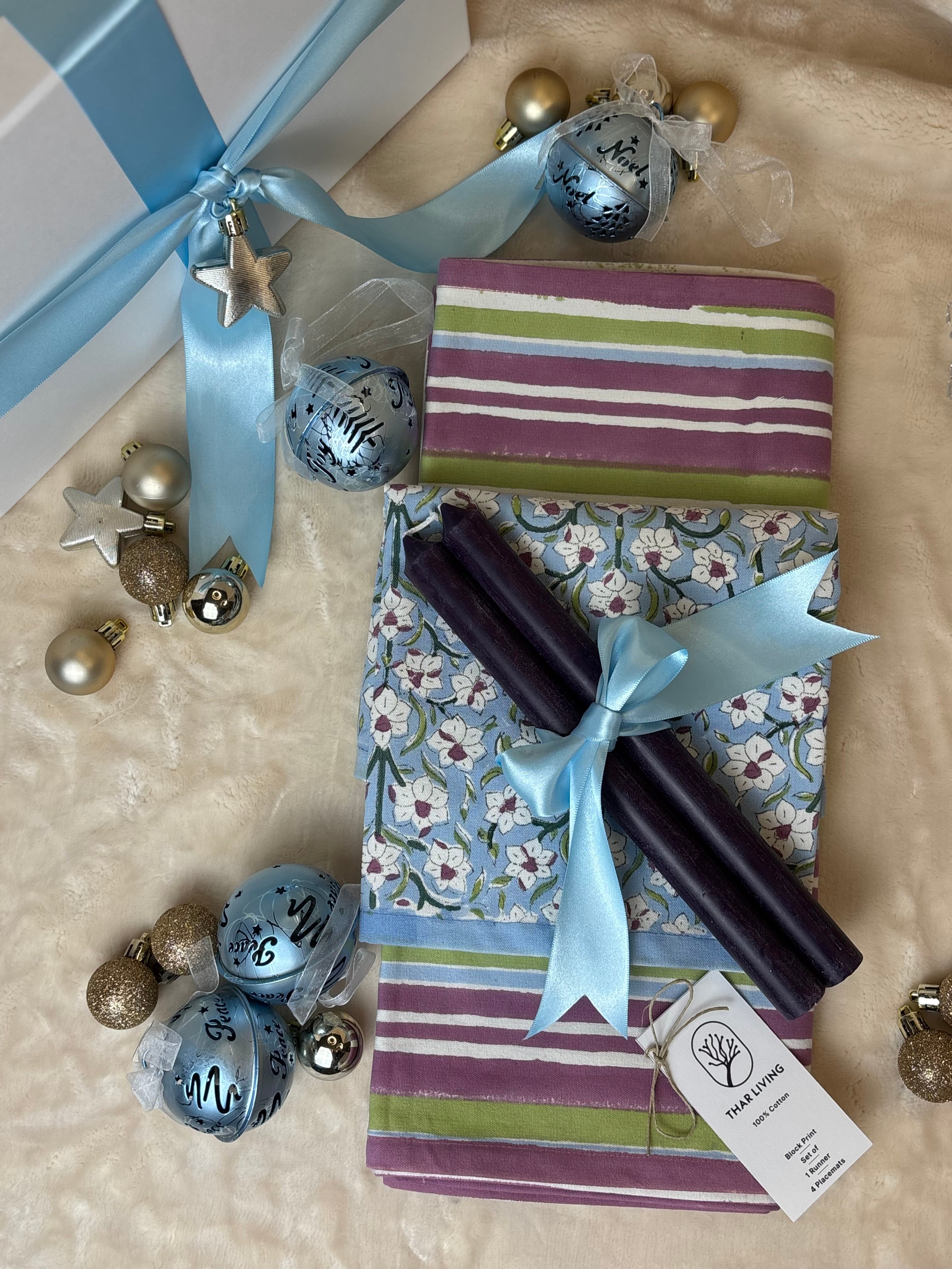 Nargis Holiday Gift Set – Hand Block Printed Striped Table Runner & 4 Placemats | Artisanal Gift under $100