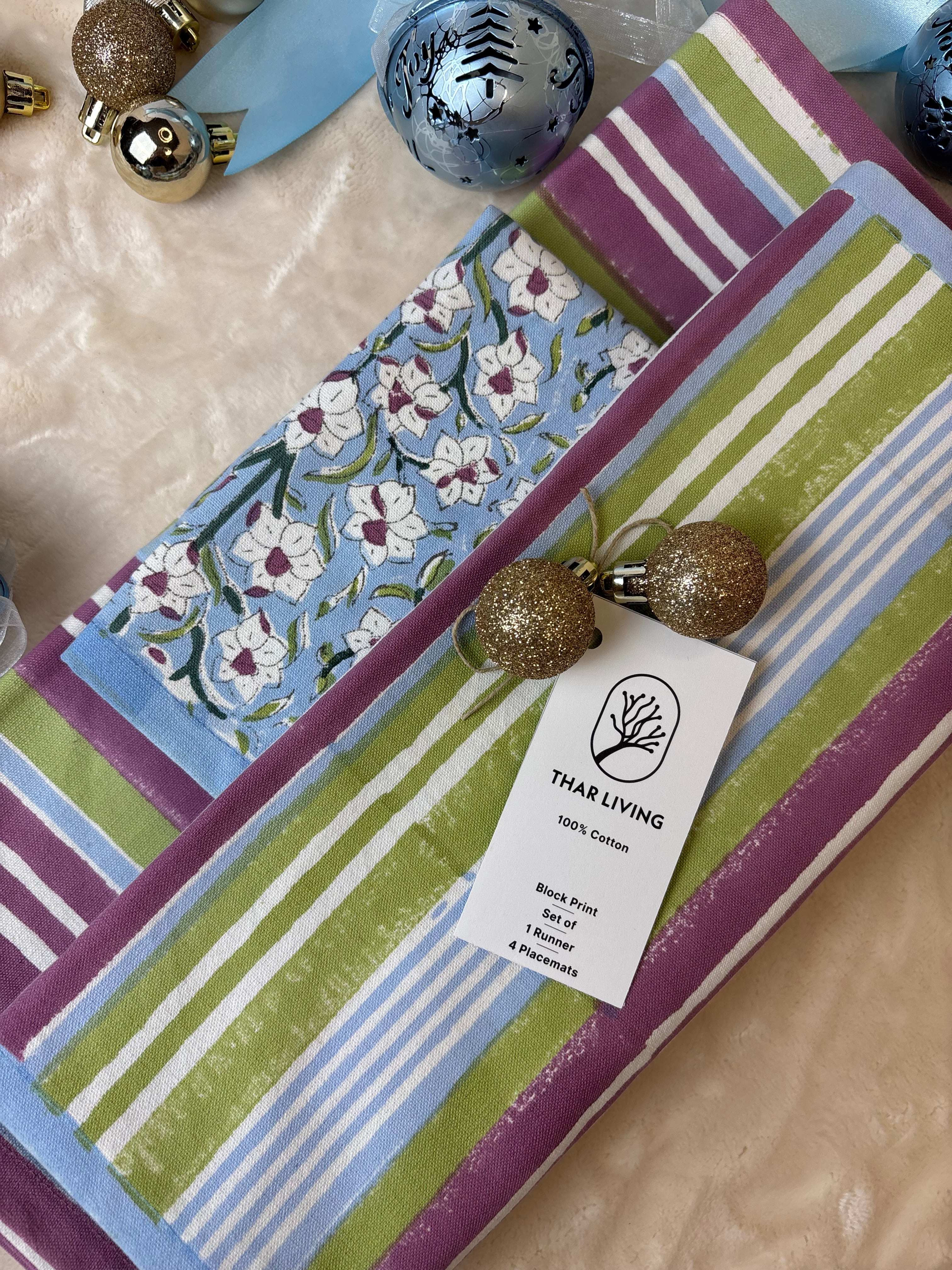 Nargis Holiday Gift Set – Hand Block Printed Striped Table Runner & 4 Placemats | Artisanal Gift under $100