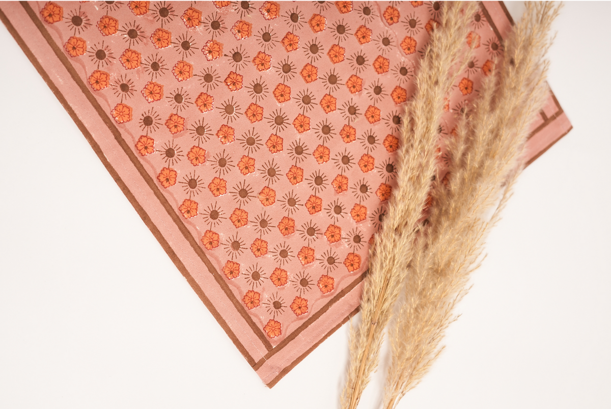 Flaxfield - Hand Block-Printed Cotton Placemats Set of 4, Light Mahogany