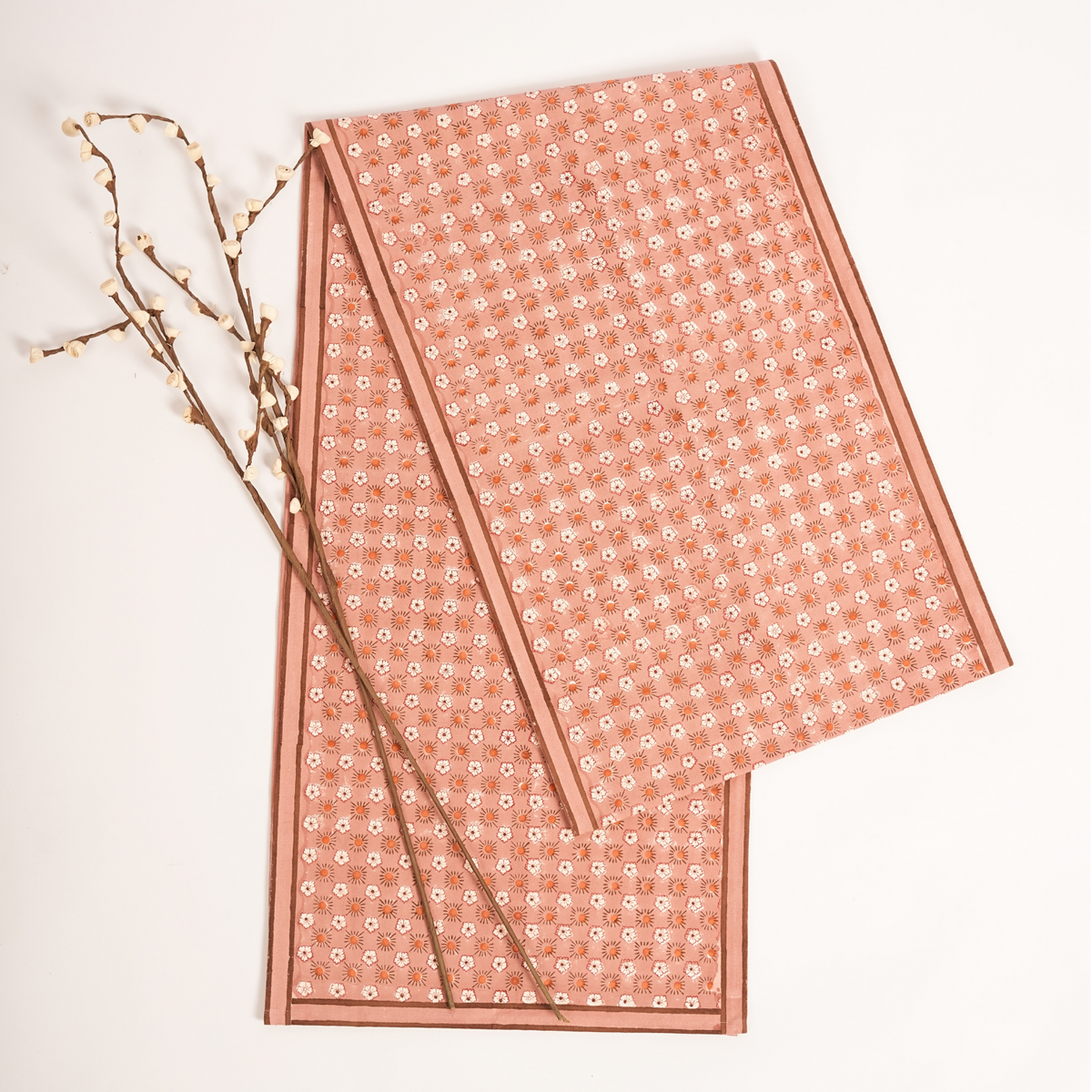Flaxfield - Hand Block-Printed Cotton Table Runner, Light Mahogany