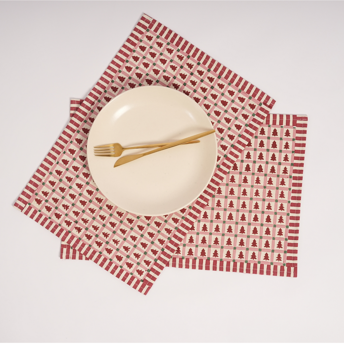 Merry Conifers - Hand Block-Printed Cotton Placemats Set of 4, Red