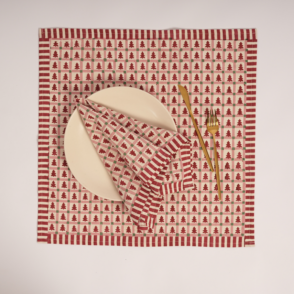 Merry Conifers - Hand Block-Printed Cotton Napkins Set of 4, Red