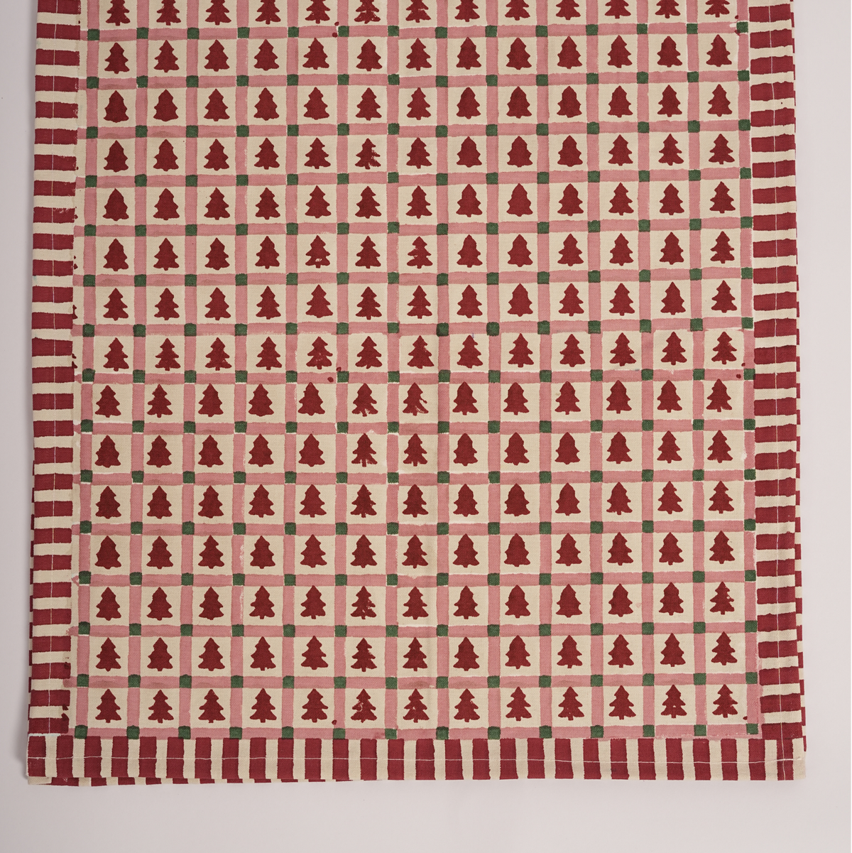 Merry Conifers - Hand Block-Printed Cotton Table Runner, Red