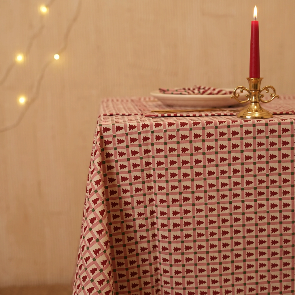 Merry Conifers - Hand Block-Printed Cotton Tablecloth, Red