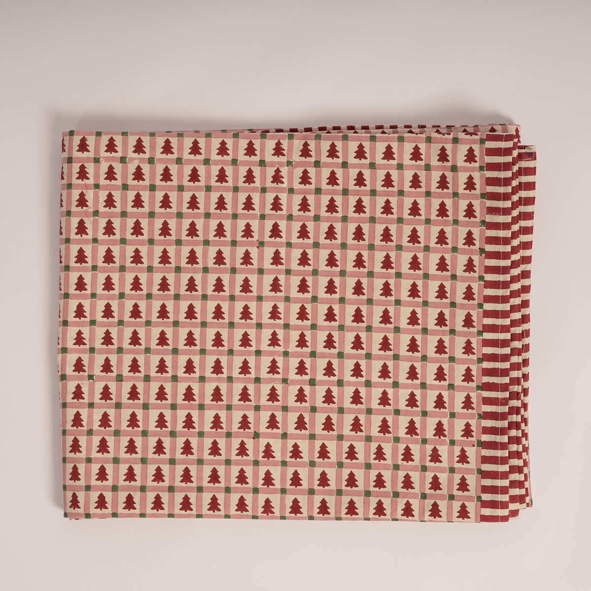 Merry Conifers - Hand Block-Printed Cotton Tablecloth, Red