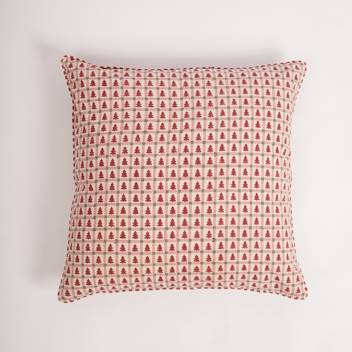 Merry Conifers - Hand Block-Printed Cotton Pillowcase (Red)