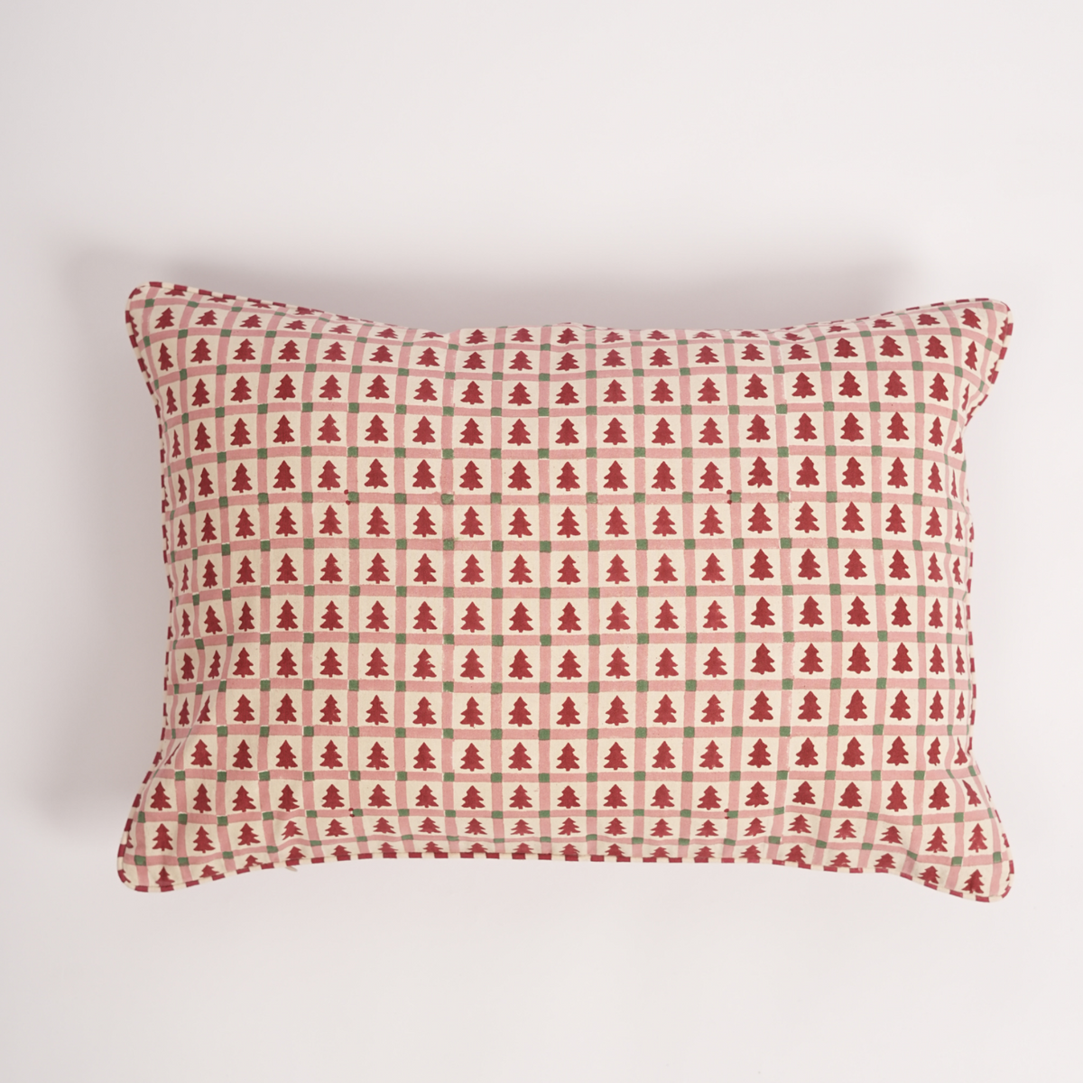 Merry Conifers - Hand Block-Printed Lumbar Ruffle Pillowcase (Red)