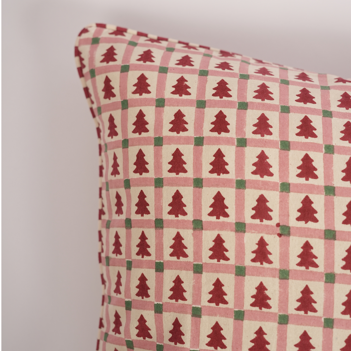 Merry Conifers - Hand Block-Printed Lumbar Ruffle Pillowcase (Red)