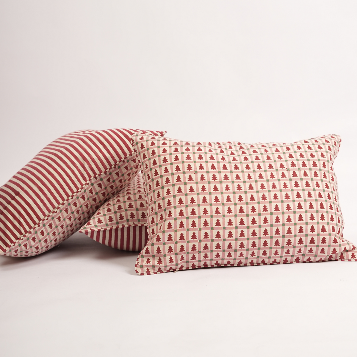 Merry Conifers - Hand Block-Printed Lumbar Ruffle Pillowcase (Red)