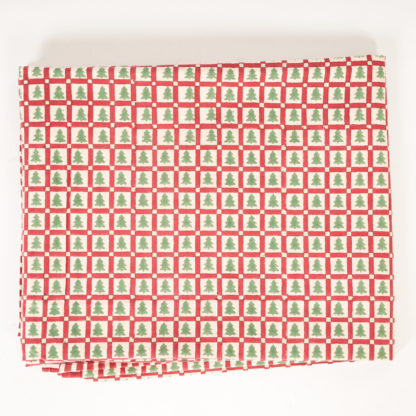 Merry Conifers - Green Hand Block-Printed Cotton Tablecloth