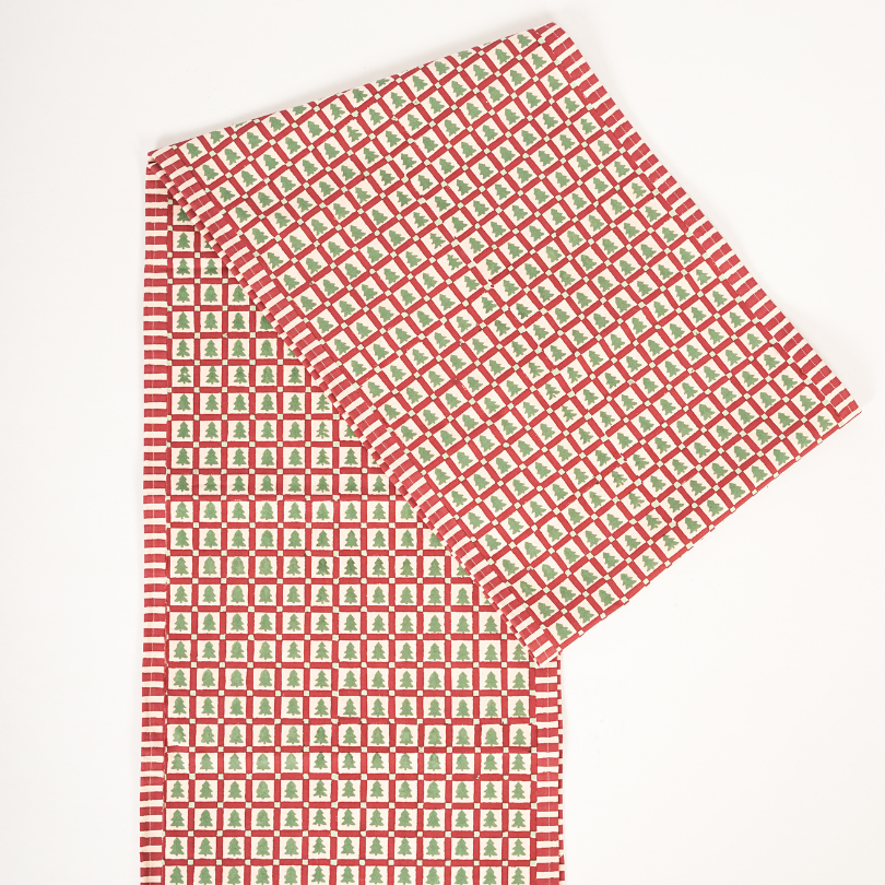 Merry Conifers - Green Hand Block-Printed Cotton Table Runner