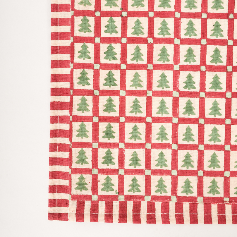 Merry Conifers - Green Hand Block-Printed Cotton Napkins Set of 4