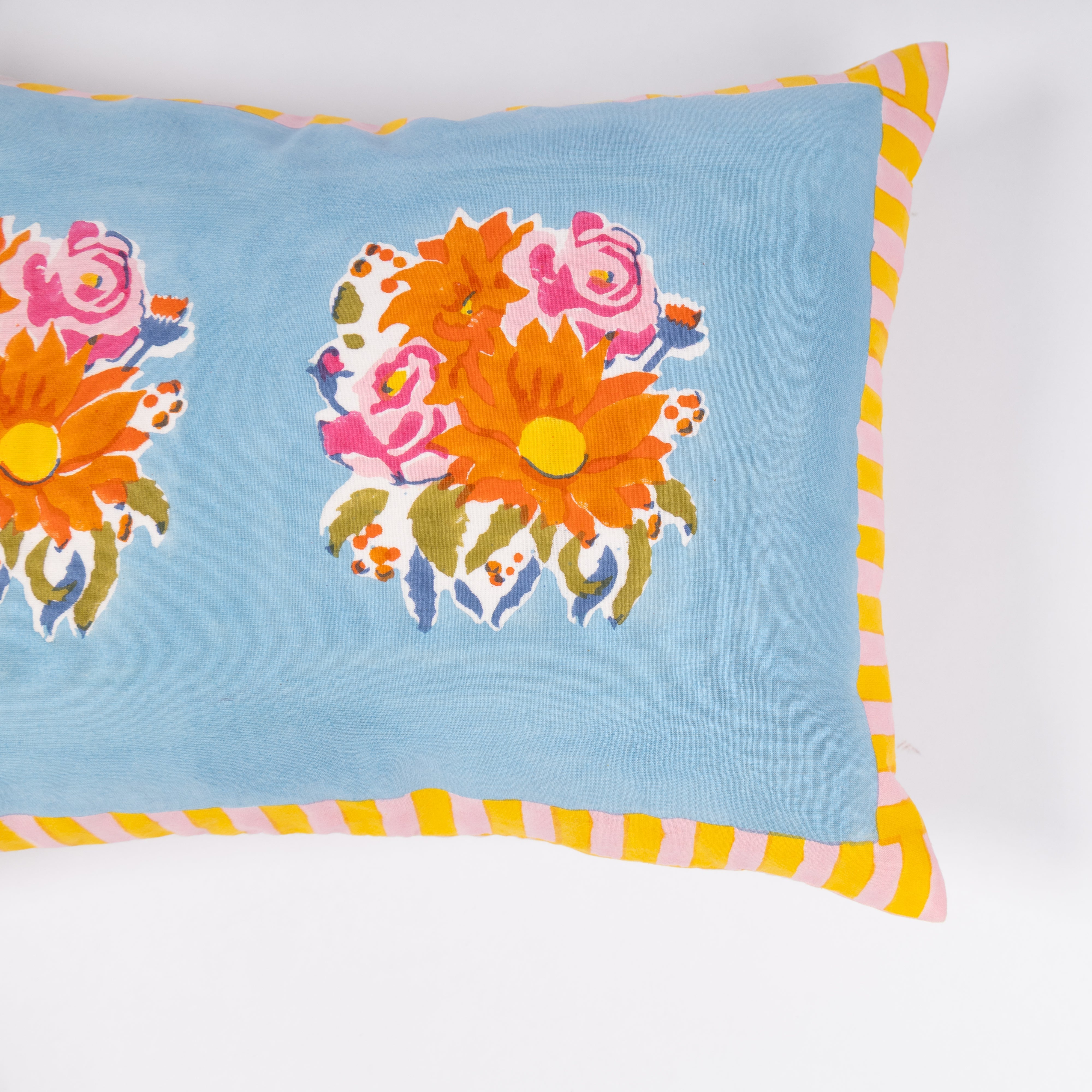 Gul blue lumbar pillowcase with intricate hand block prints, perfect for adding a global handmade touch to bedroom or living room decor.