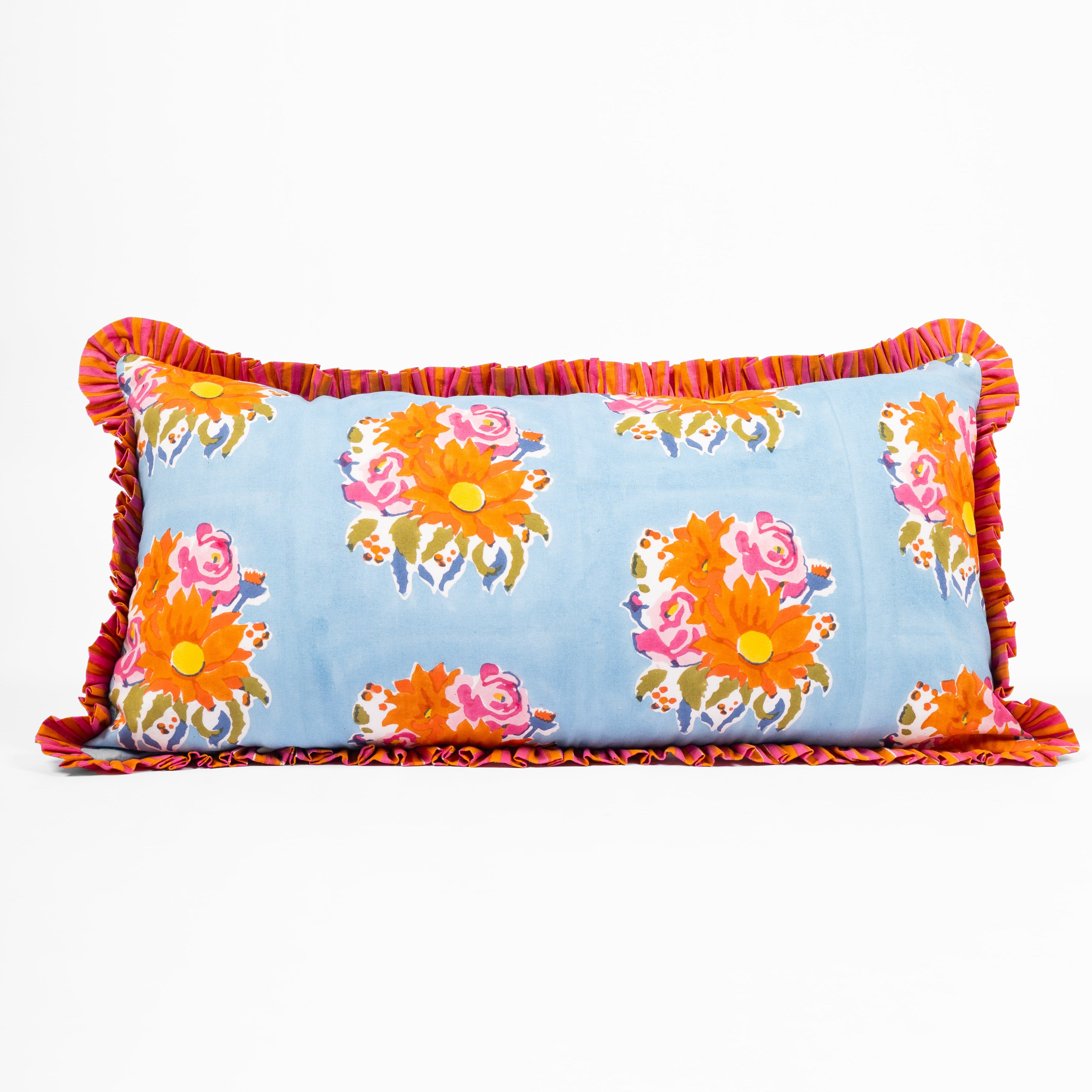 Gul blue hand block-printed lumbar pillowcase by Thar, featuring authentic patterns handcrafted by artisan communities.