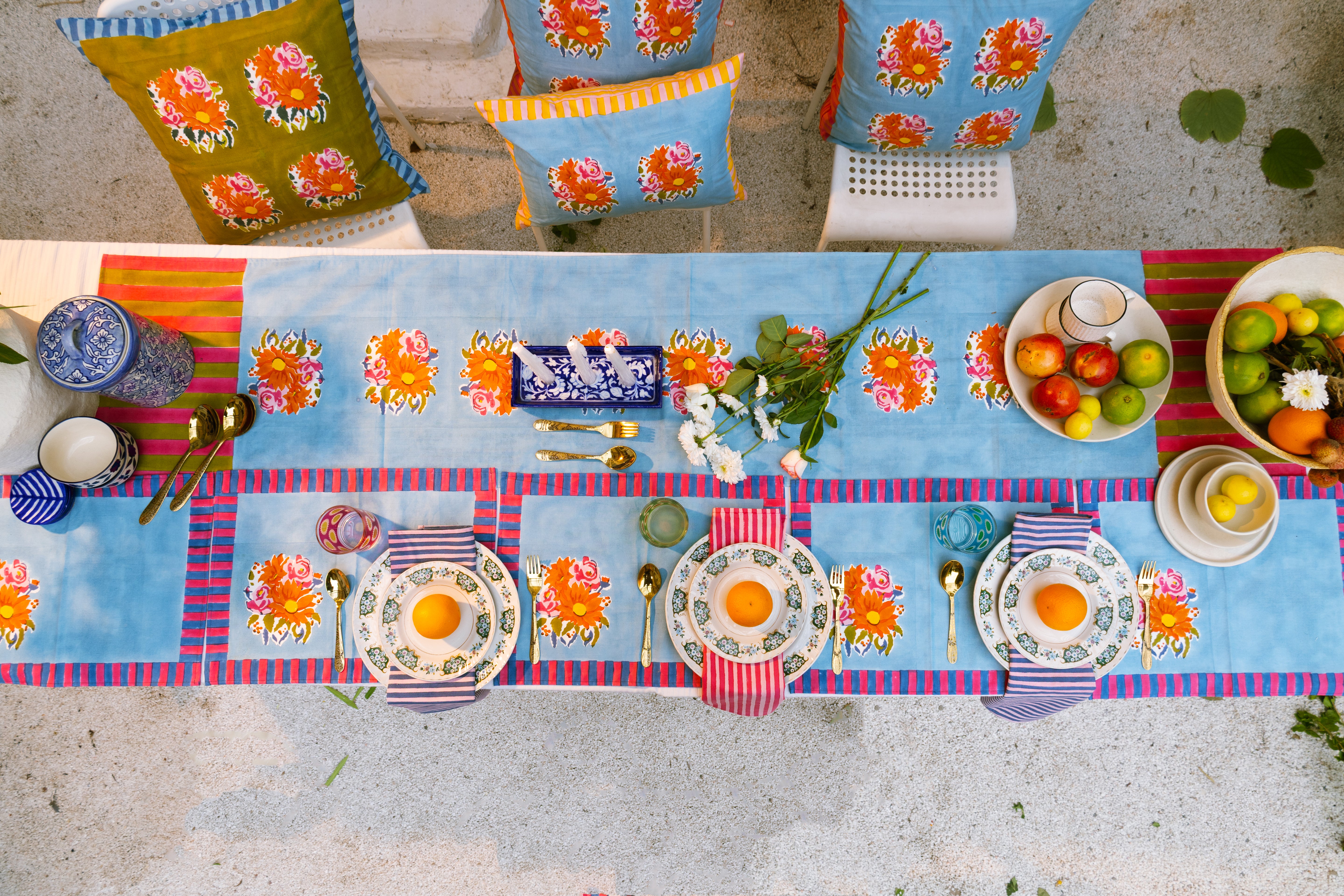 Responsibly produced blue floral table runner, ethically made in small batches to bring global handmade craftsmanship and cultural storytelling to your home.