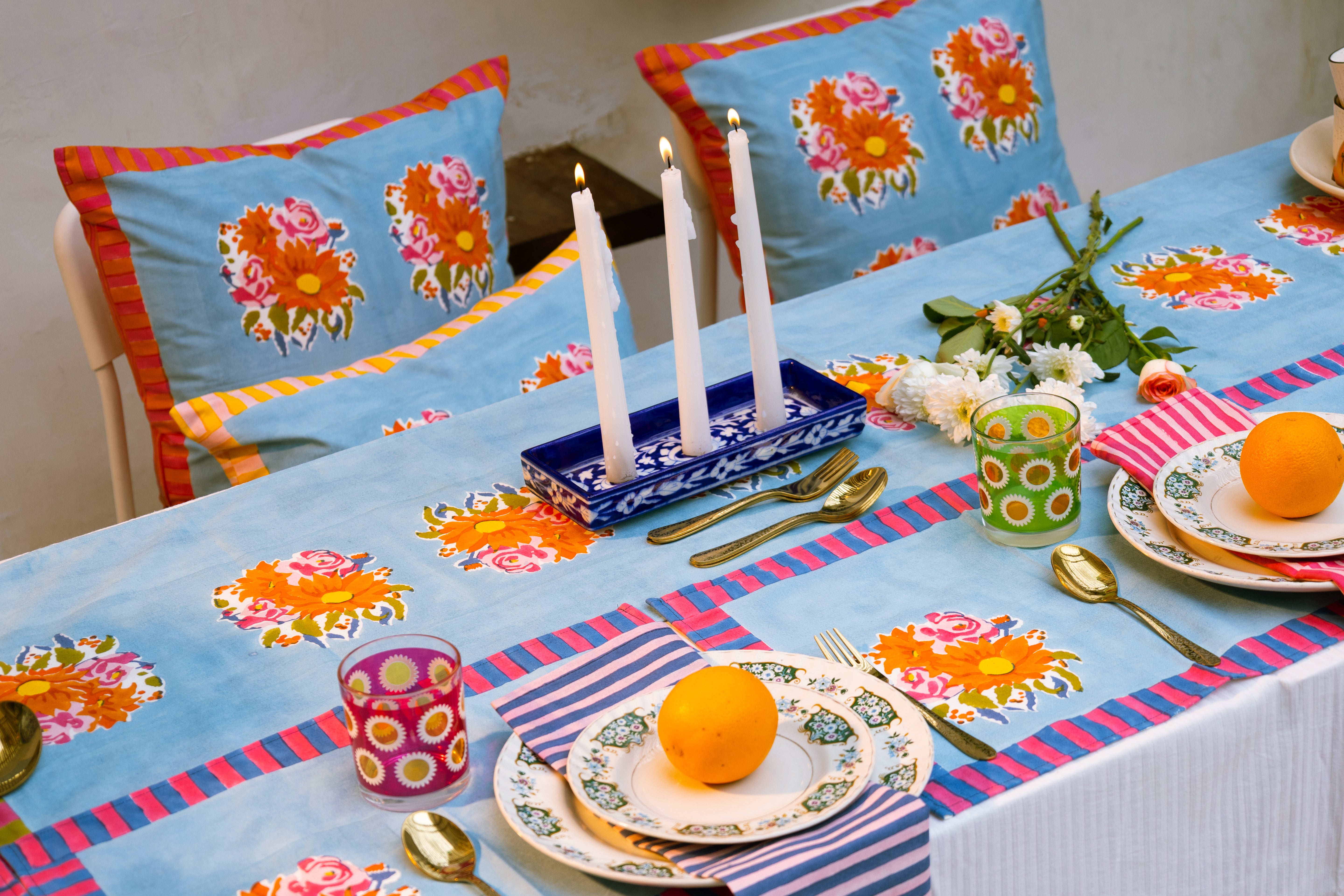 Consciously handcrafted blue floral placemats ethically produced to support women-led ventures and preserve traditional block-printing artistry from the Thar region.