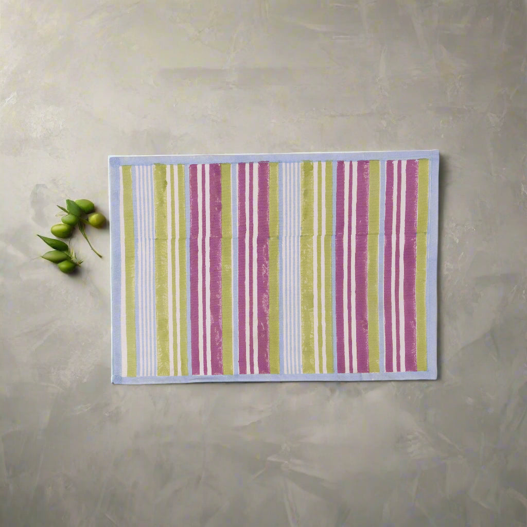 Nargis Striped - Hand Block-Printed Cotton Table Mats (Blue Border) - Set of 2