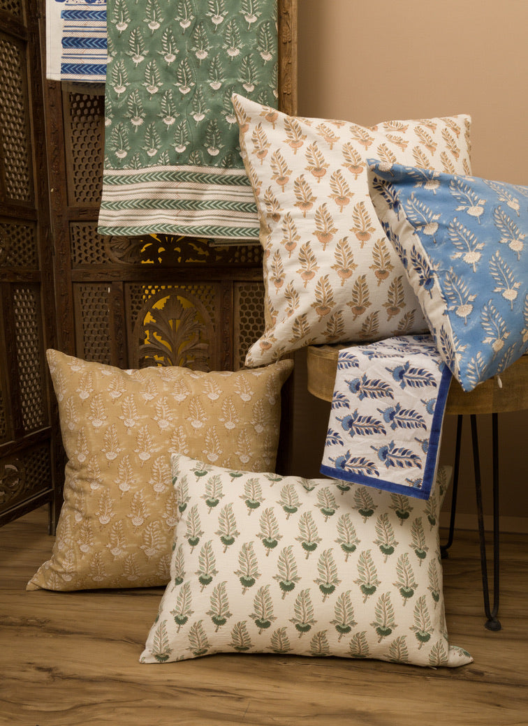 Noor - Hand Block-Printed Khadi Cotton Pillowcase (Green)