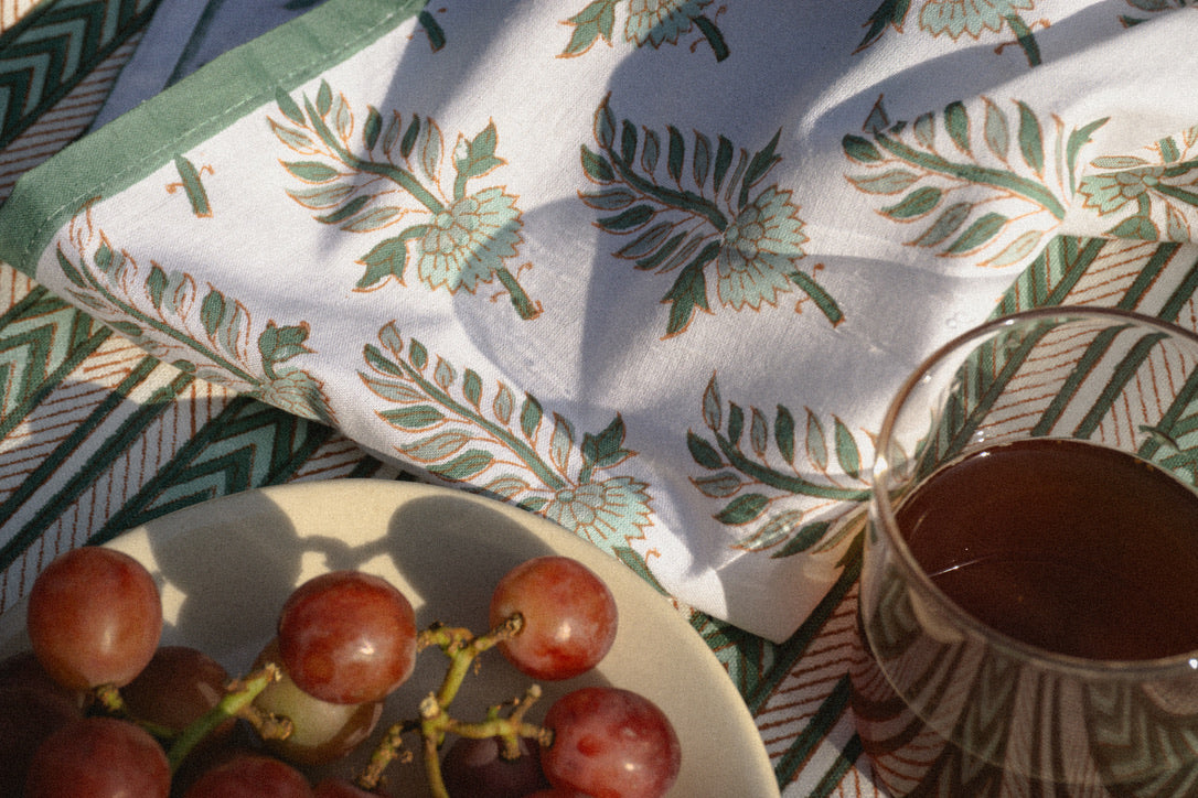 Noor - Hand Block-Printed Cotton Rectangular Table Napkins - Set of 2 (Green)