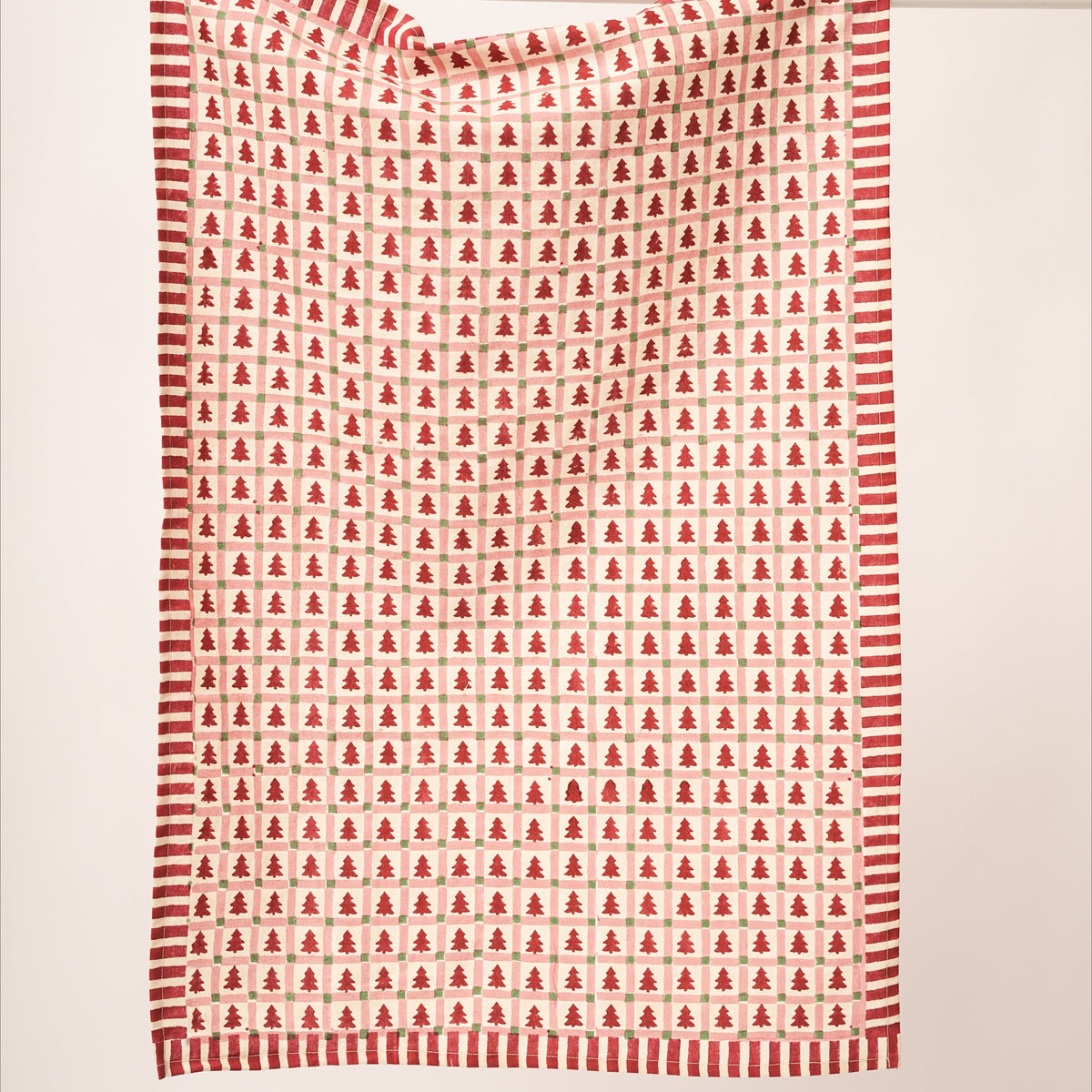 Merry Conifers -  Hand Block-Printed Cotton Kitchen Towel, Red