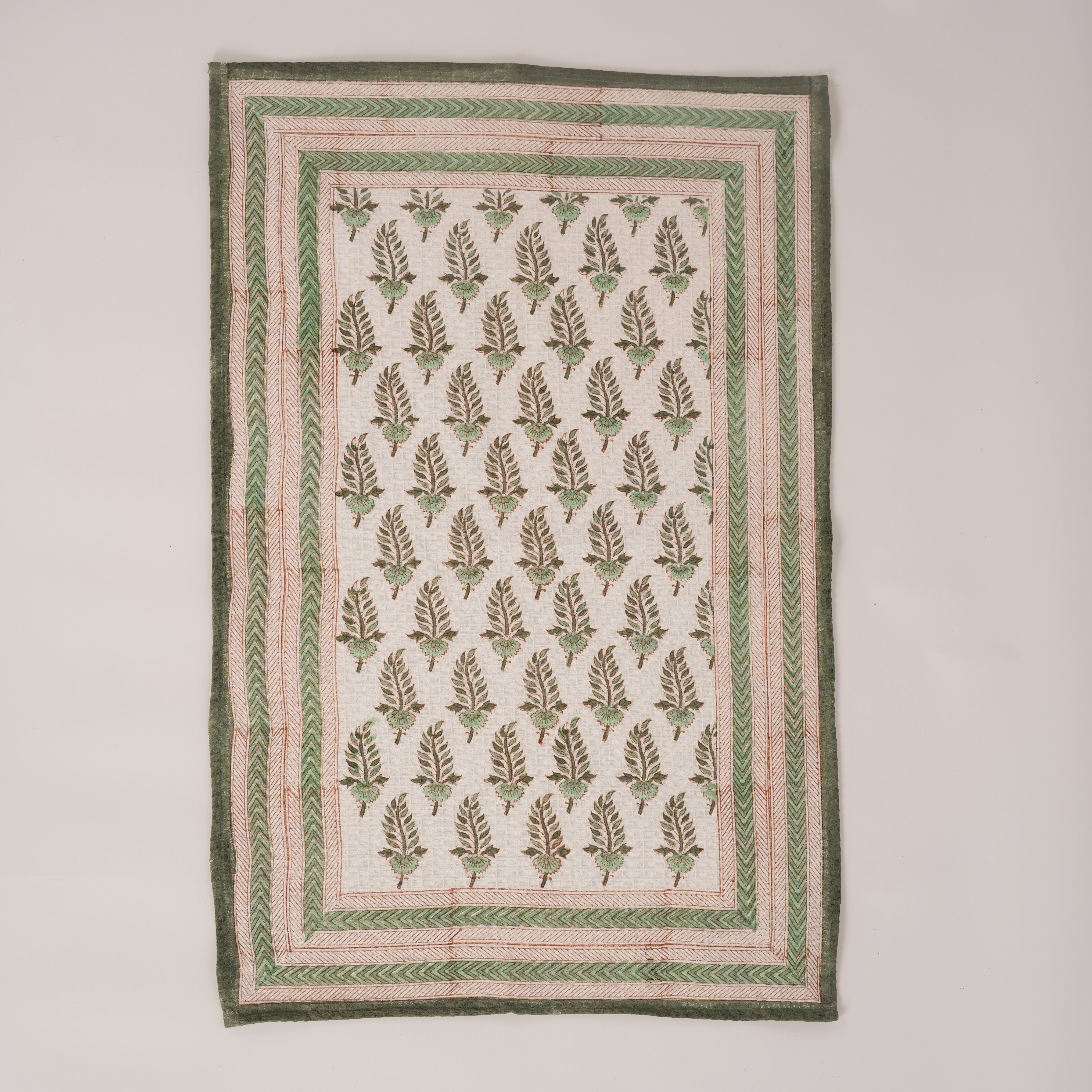 Noor - Hand Block-Printed Waffle Weave Cotton Kitchen Towel - (Green)