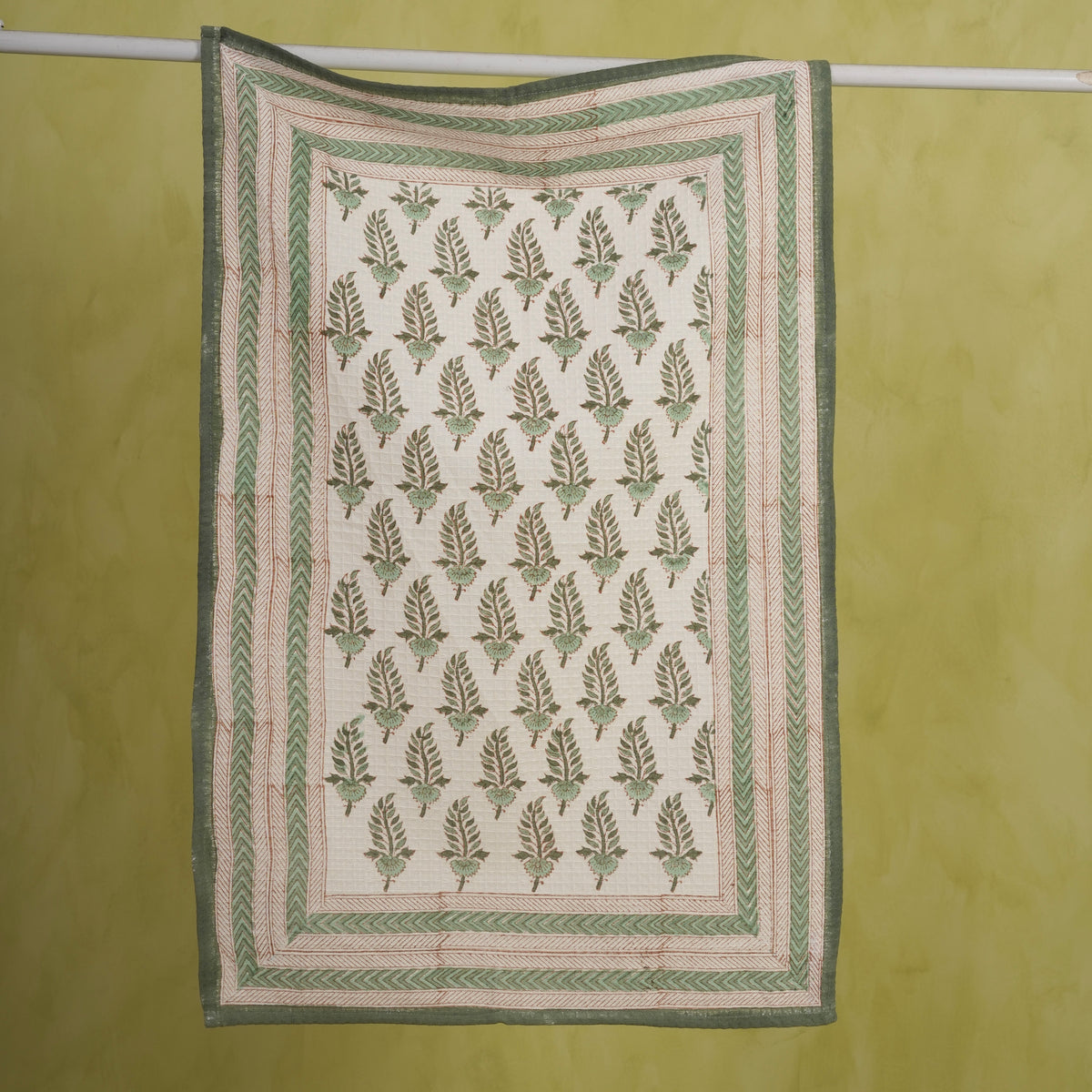 Noor - Hand Block-Printed Waffle Weave Cotton Kitchen Towel - (Green)
