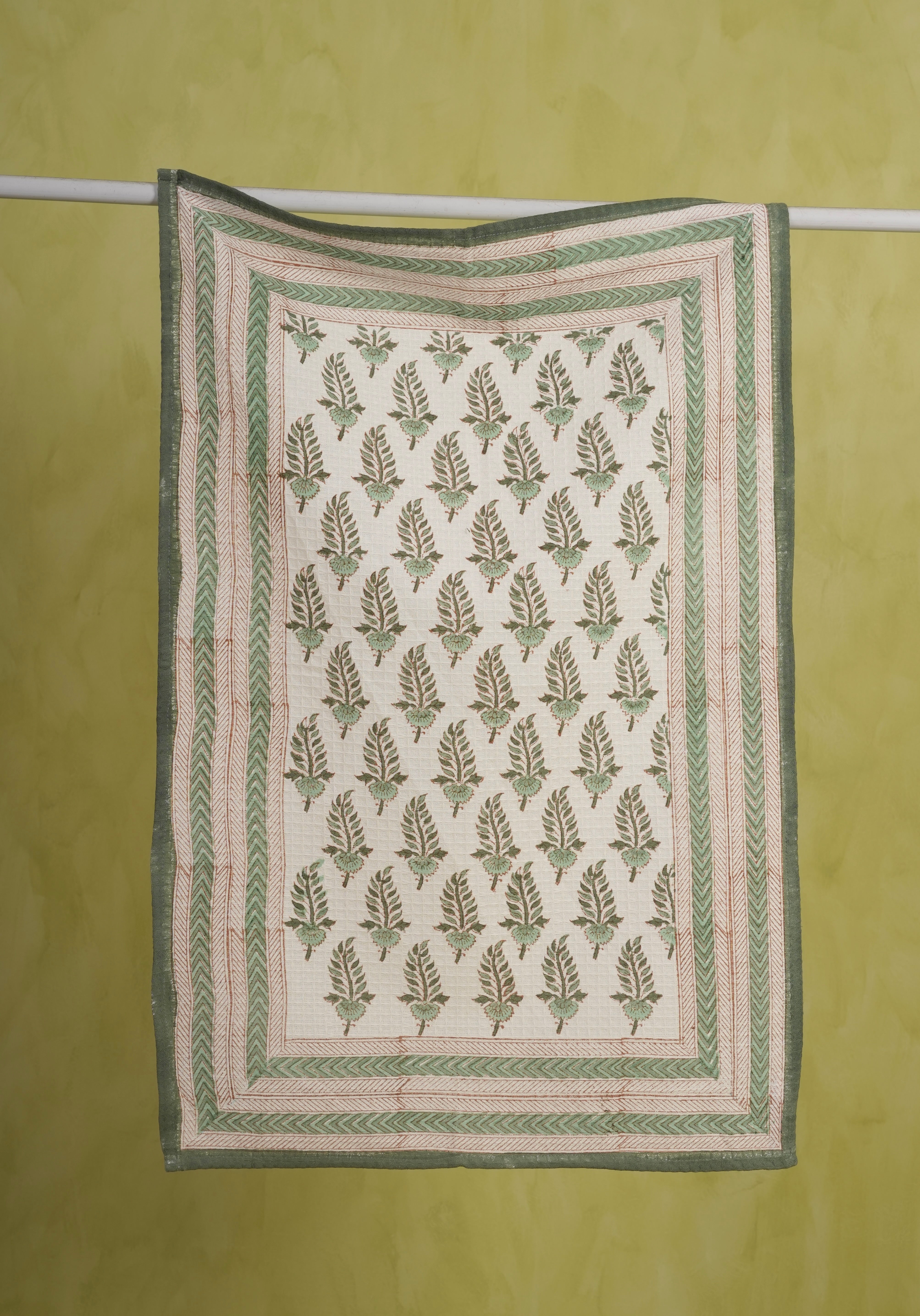 Noor - Hand Block-Printed Waffle Weave Cotton Kitchen Towel - (Green)