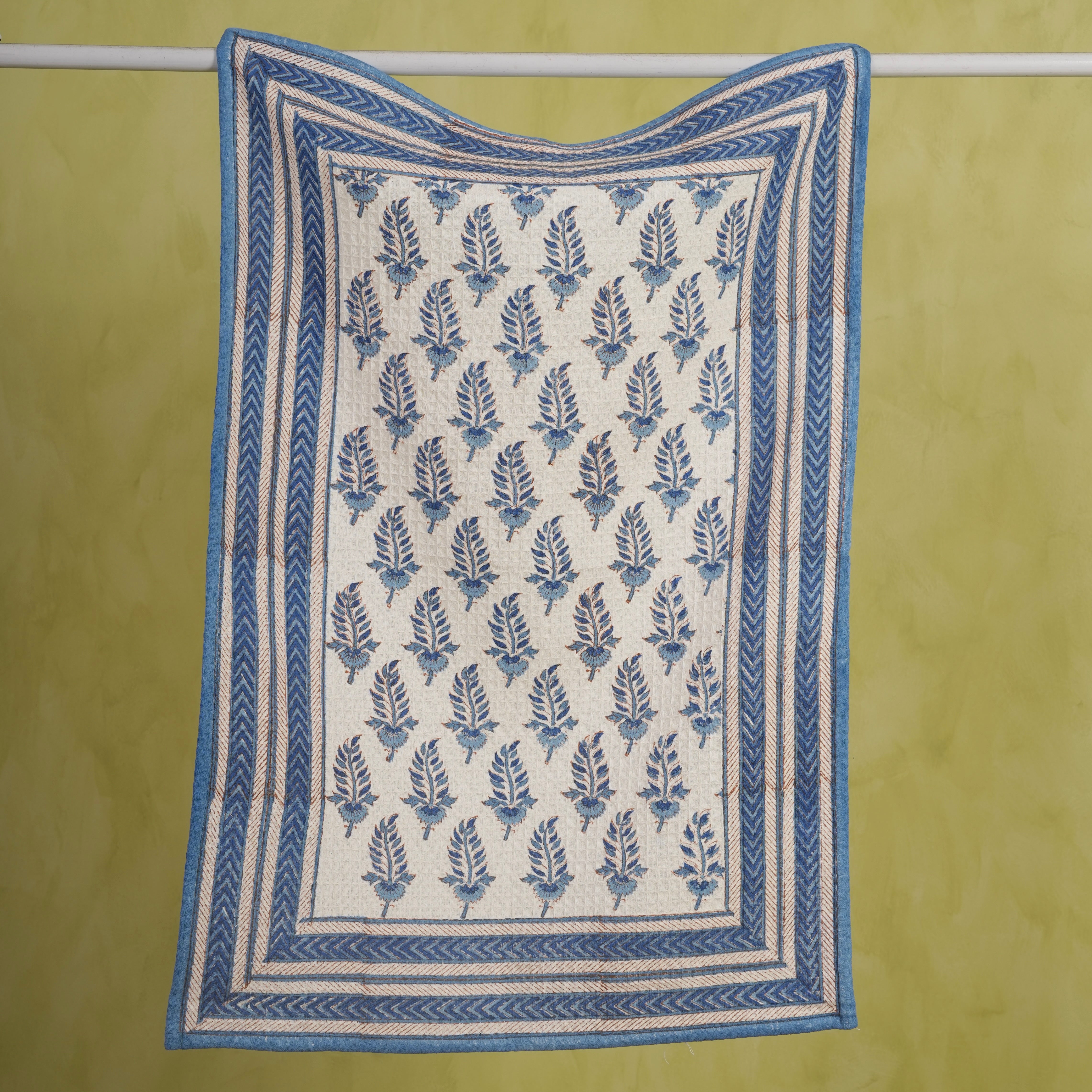 Noor - Hand Block-Printed Waffle Weave Cotton Kitchen Towel - (Blue)