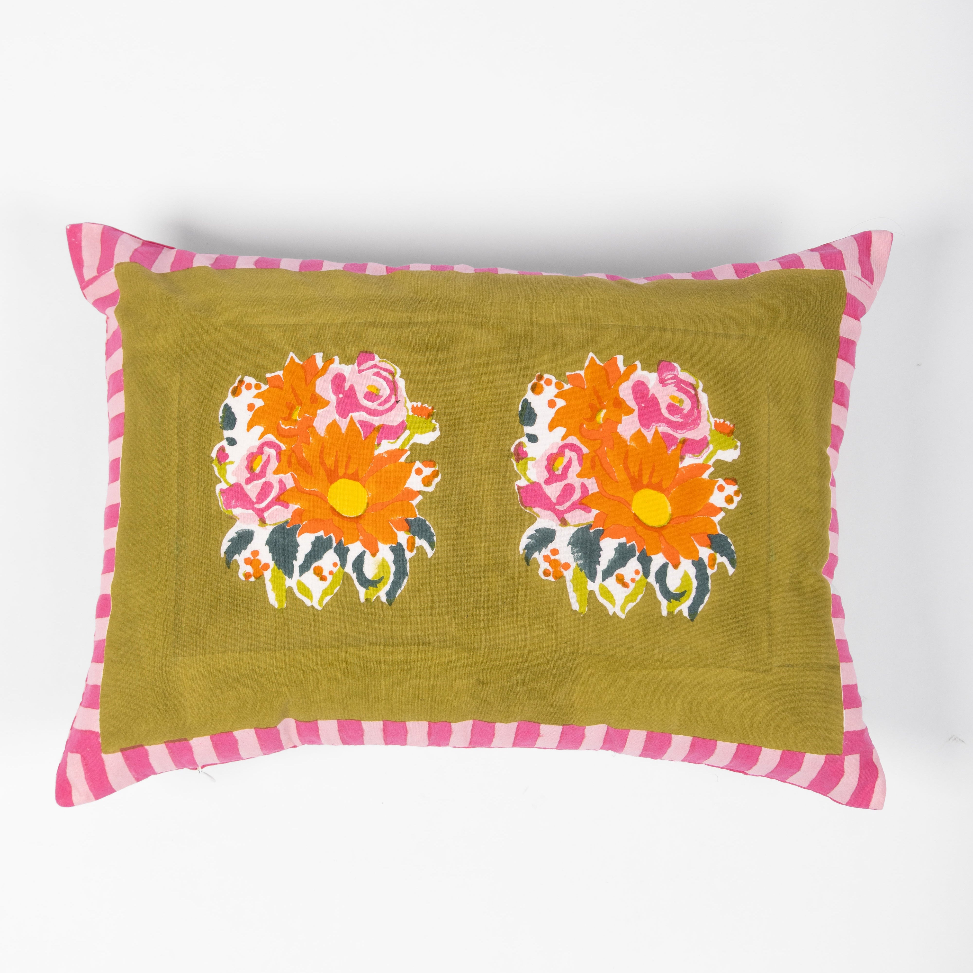 Gul green hand block-printed cotton lumbar pillowcase, featuring authentic patterns handcrafted by artisan communities.