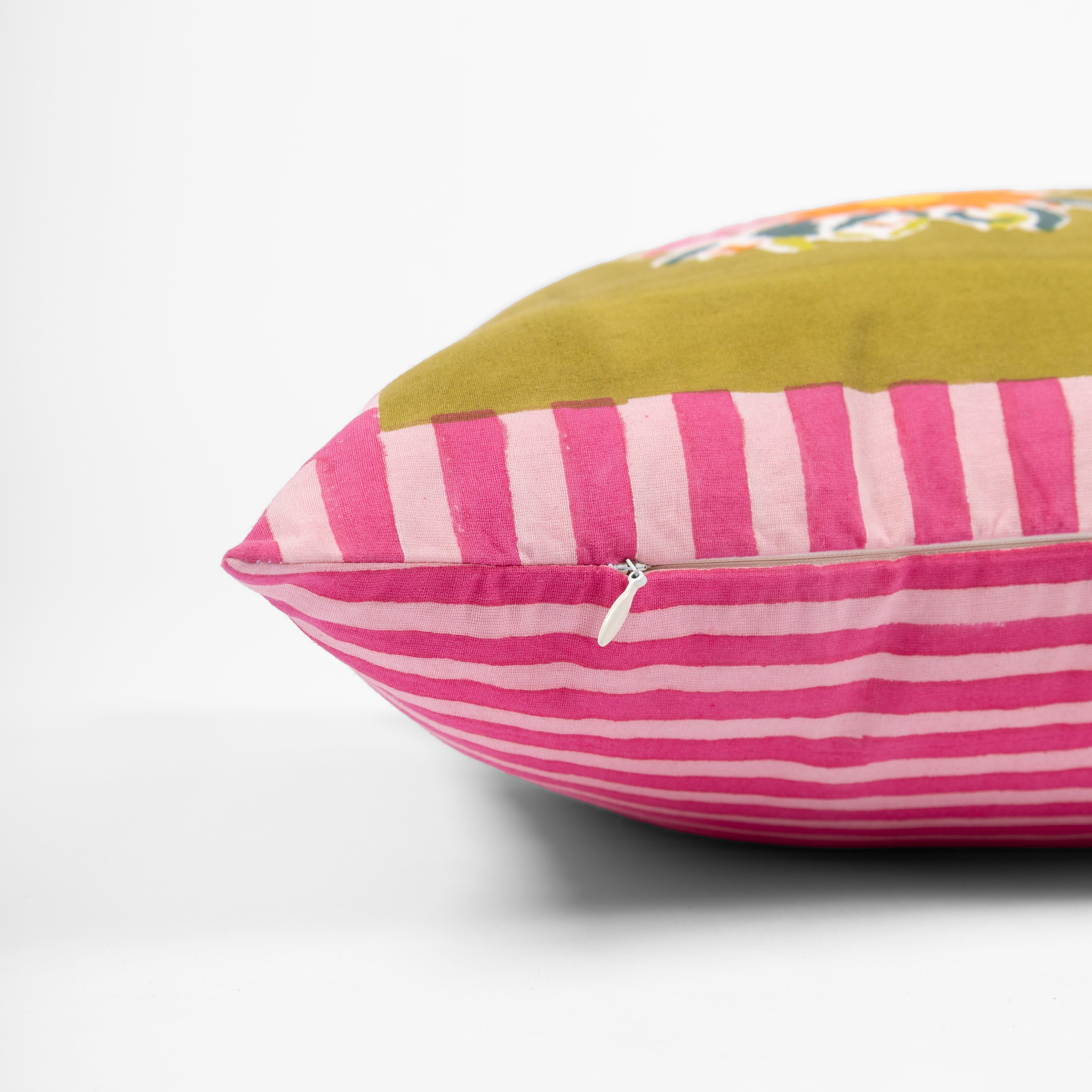 Artisan-made green lumbar pillow cover crafted from pure cotton and Azo-free dyes, reflecting Thar's commitment to responsible production.
