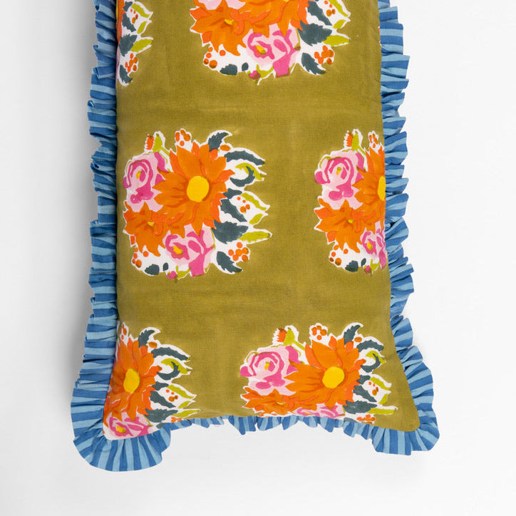 Decorative Gul green lumbar pillowcase with intricate hand block prints, perfect for global-inspired bedroom or living room decor.