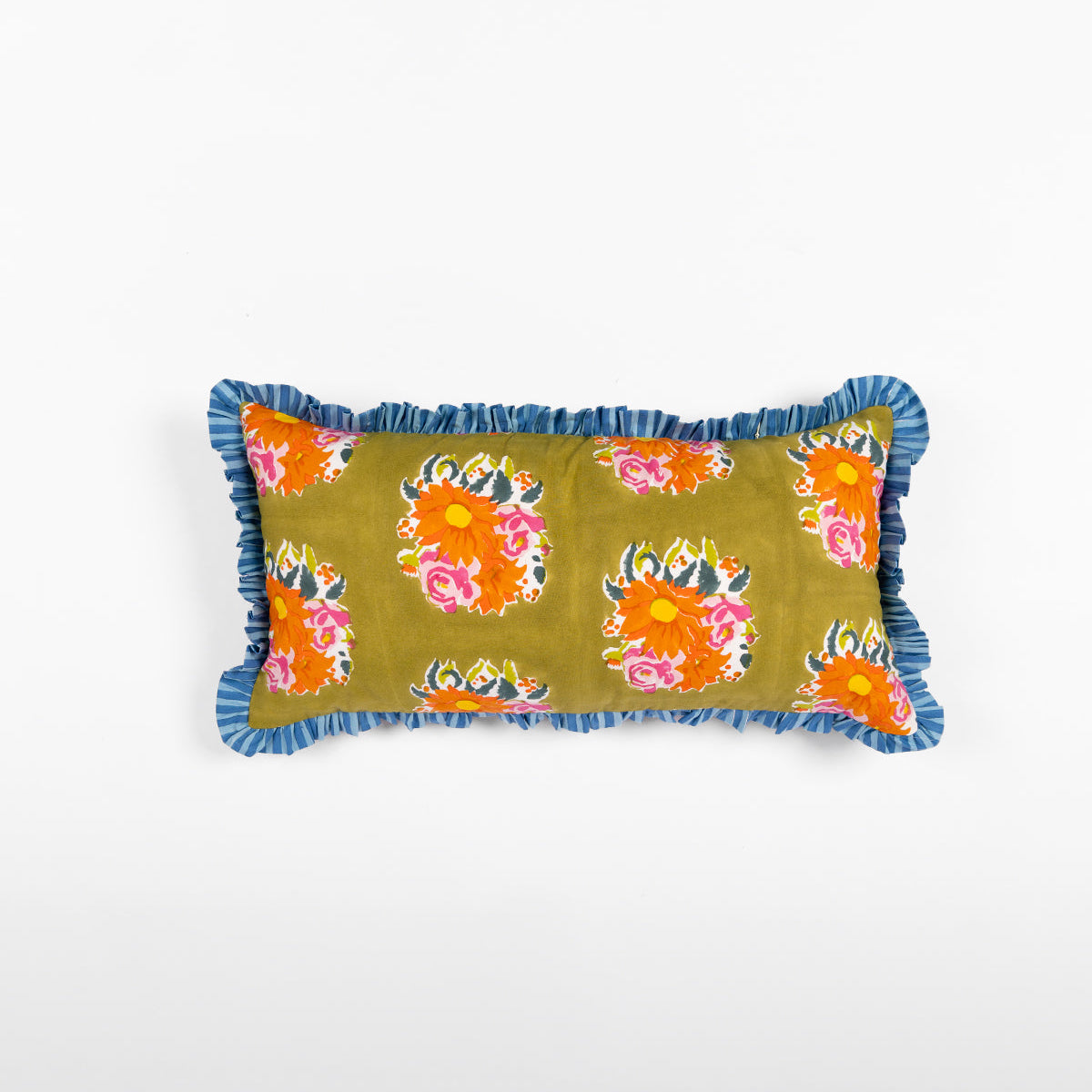 Handcrafted green cotton lumbar pillowcase by Thar, ethically produced in small batches to bring cultural storytelling to your space.