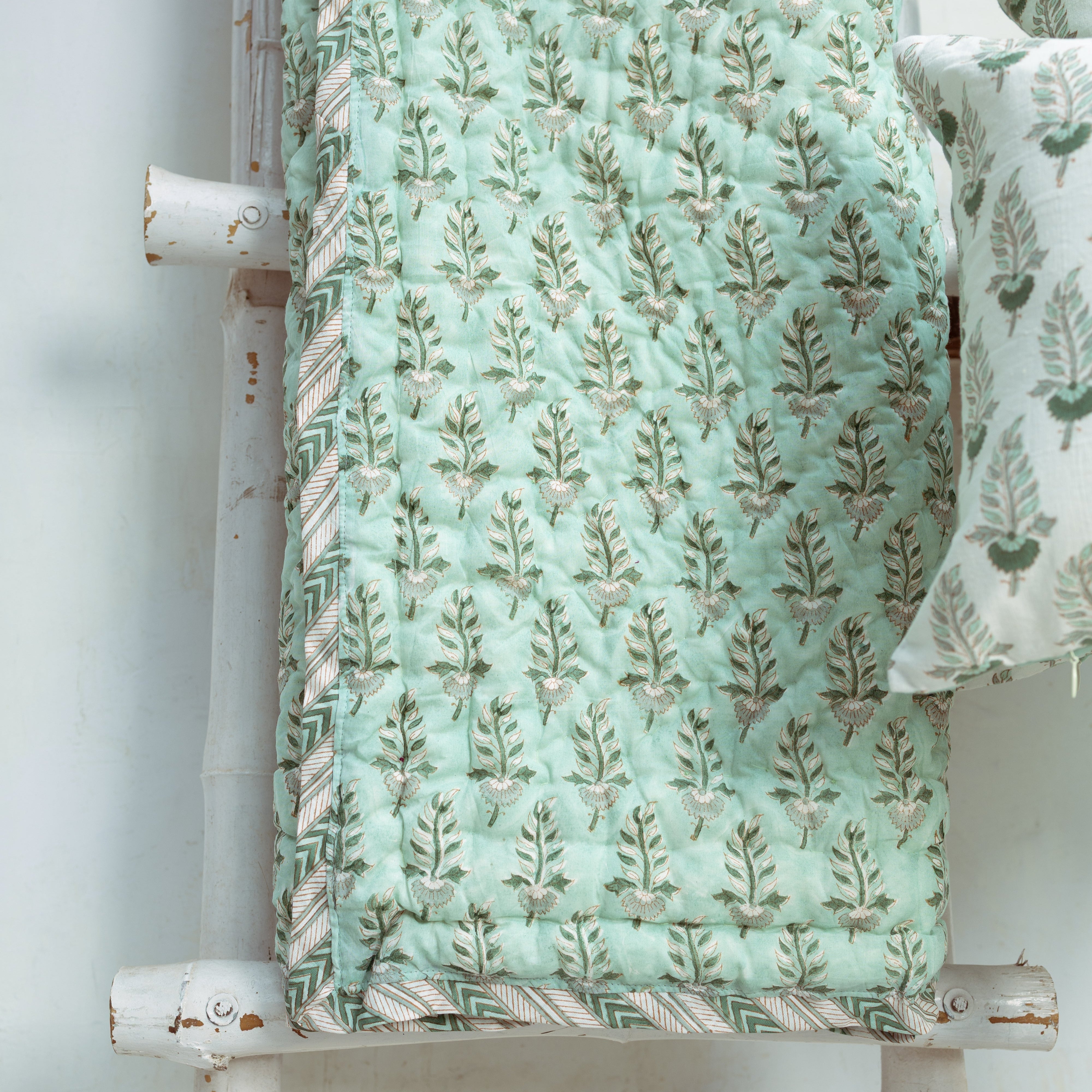 Noor- Hand Block-Printed Hand Quilted Reversible Throw (Green)