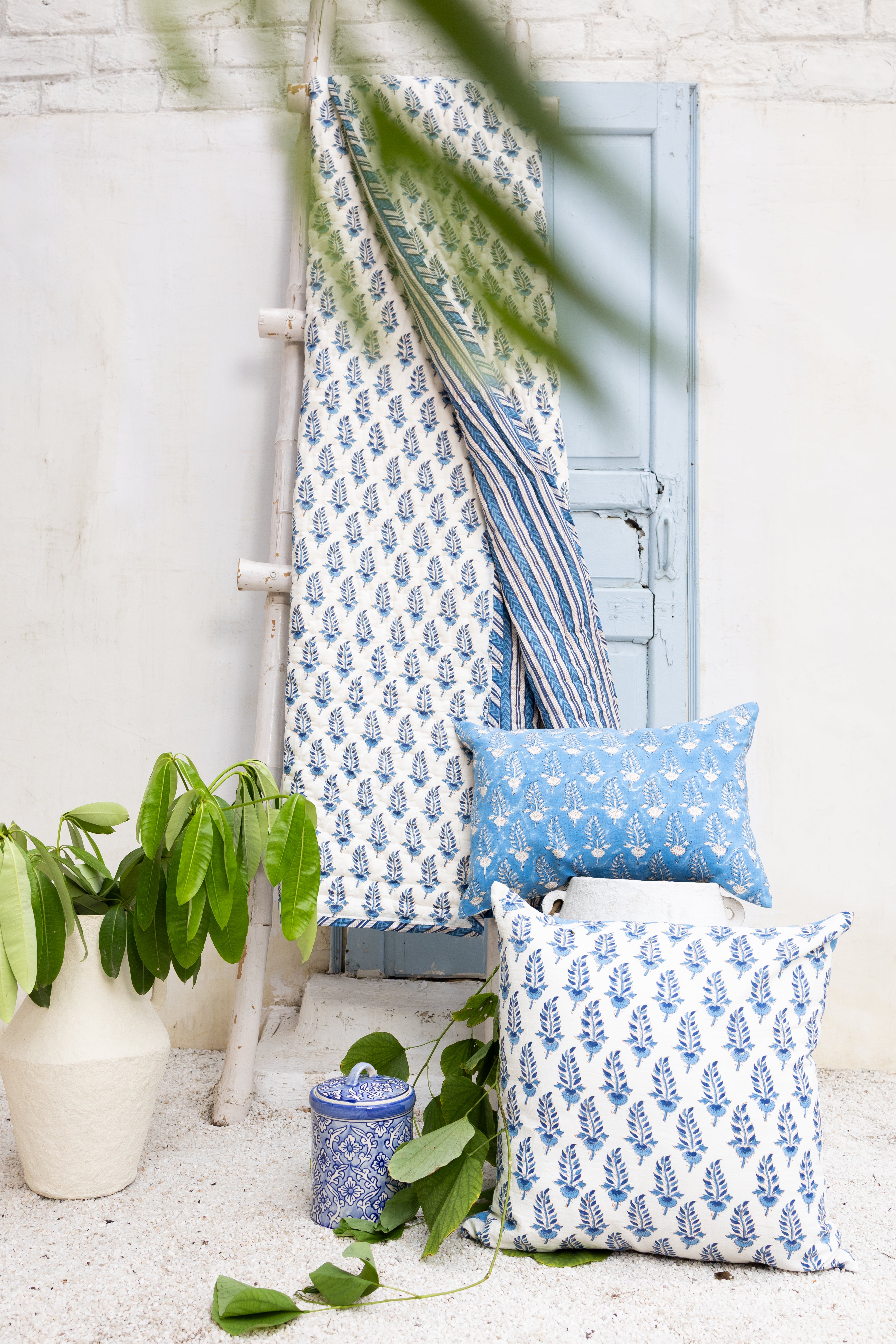 Noor- Hand Block-Printed Hand Quilted Reversible Throw (Blue)