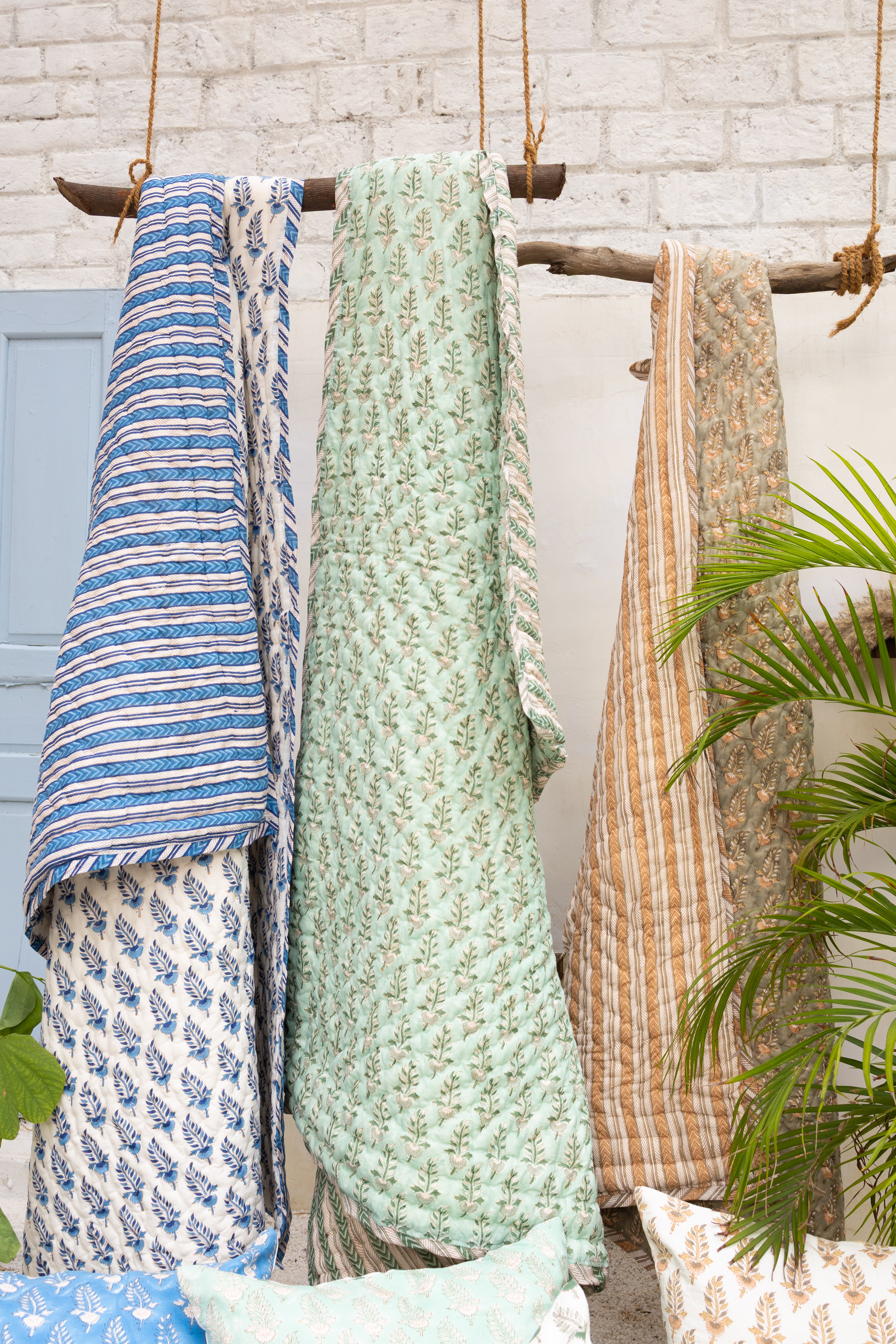 Noor- Hand Block-Printed Hand Quilted Reversible Throw (Green)