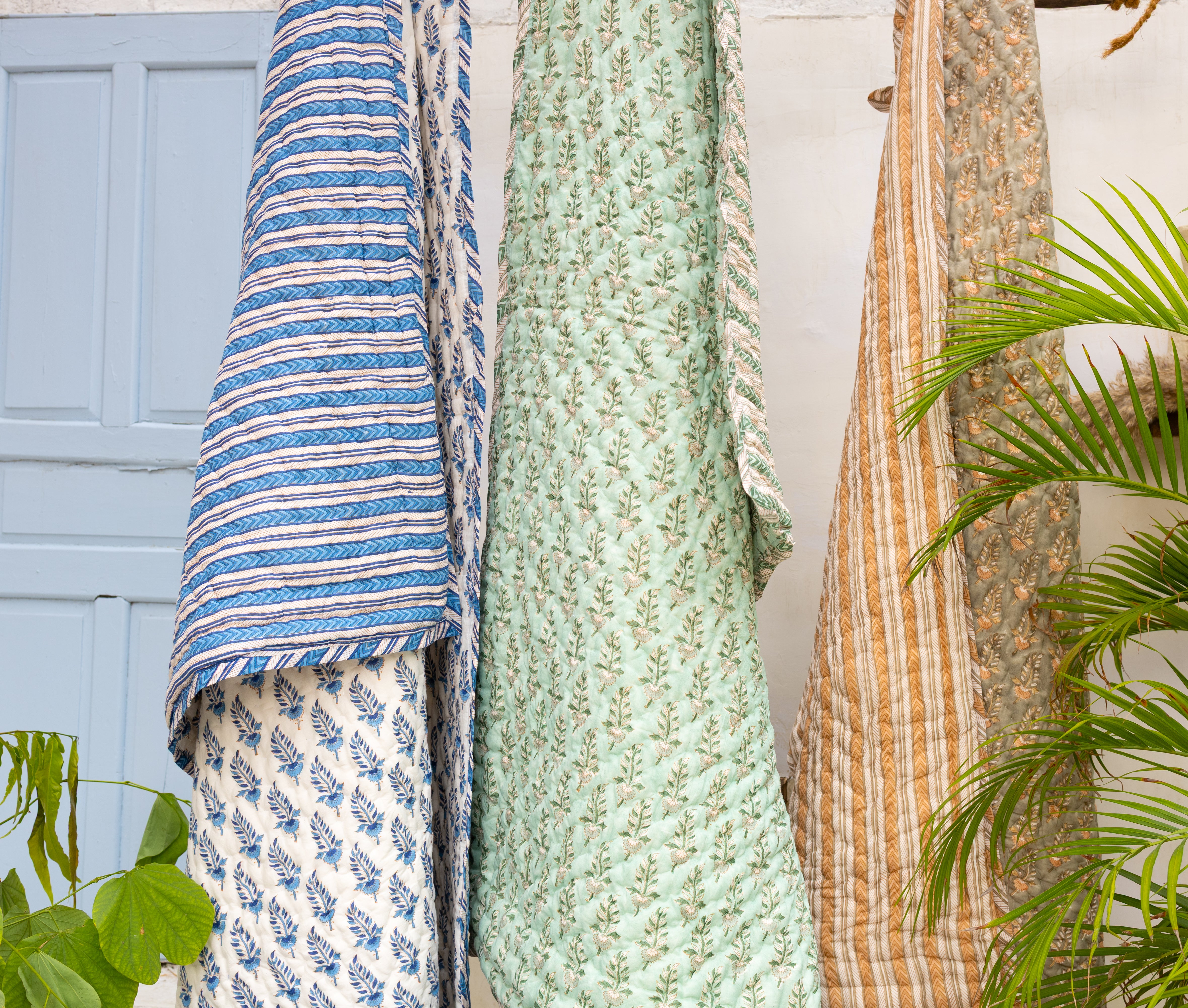 Noor- Hand Block-Printed Hand Quilted Reversible Throw (Green)