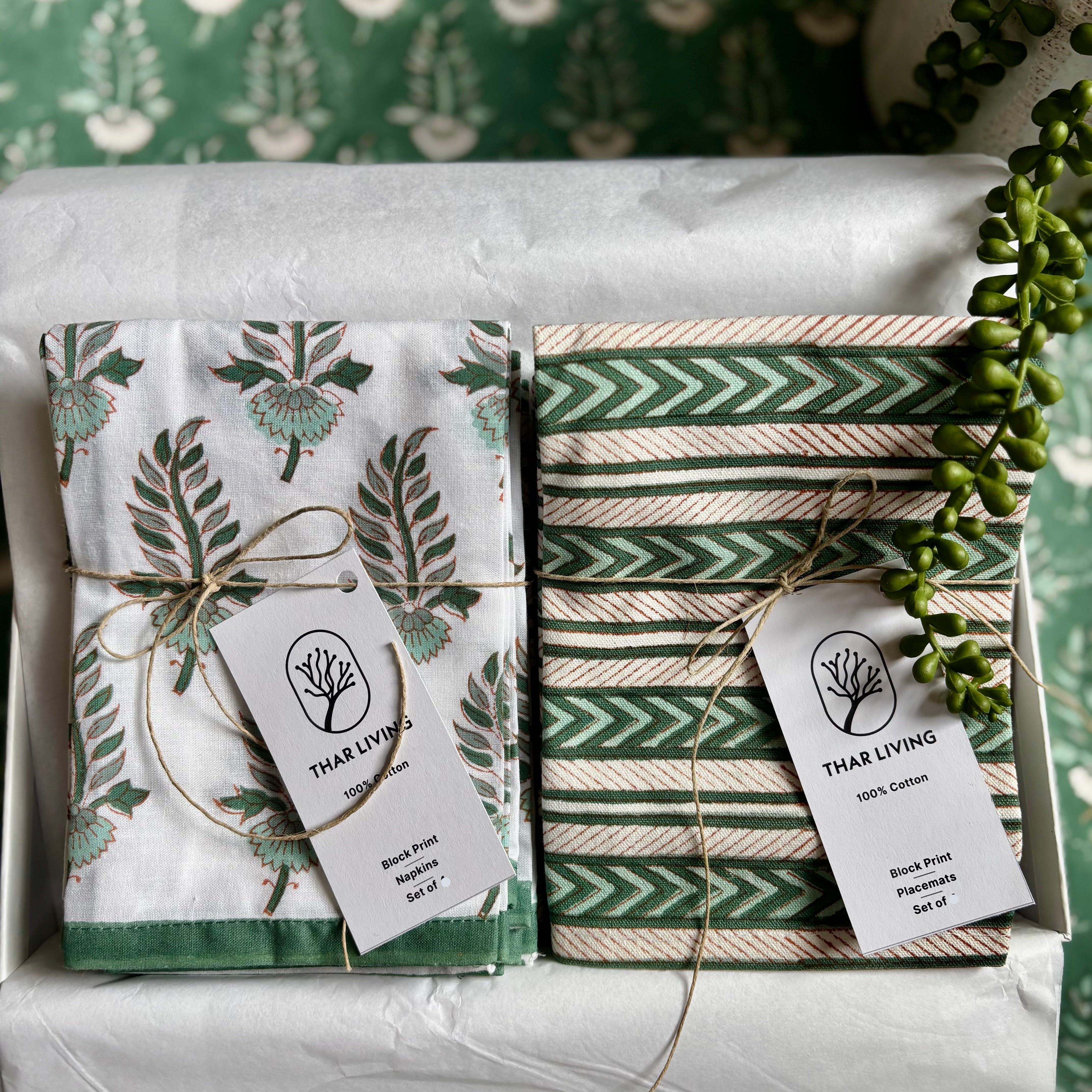 Artisan Table Linen Gift Set – Noor Collection (4 Mats & 4 Napkins) | Hand Block Printed, Under $75