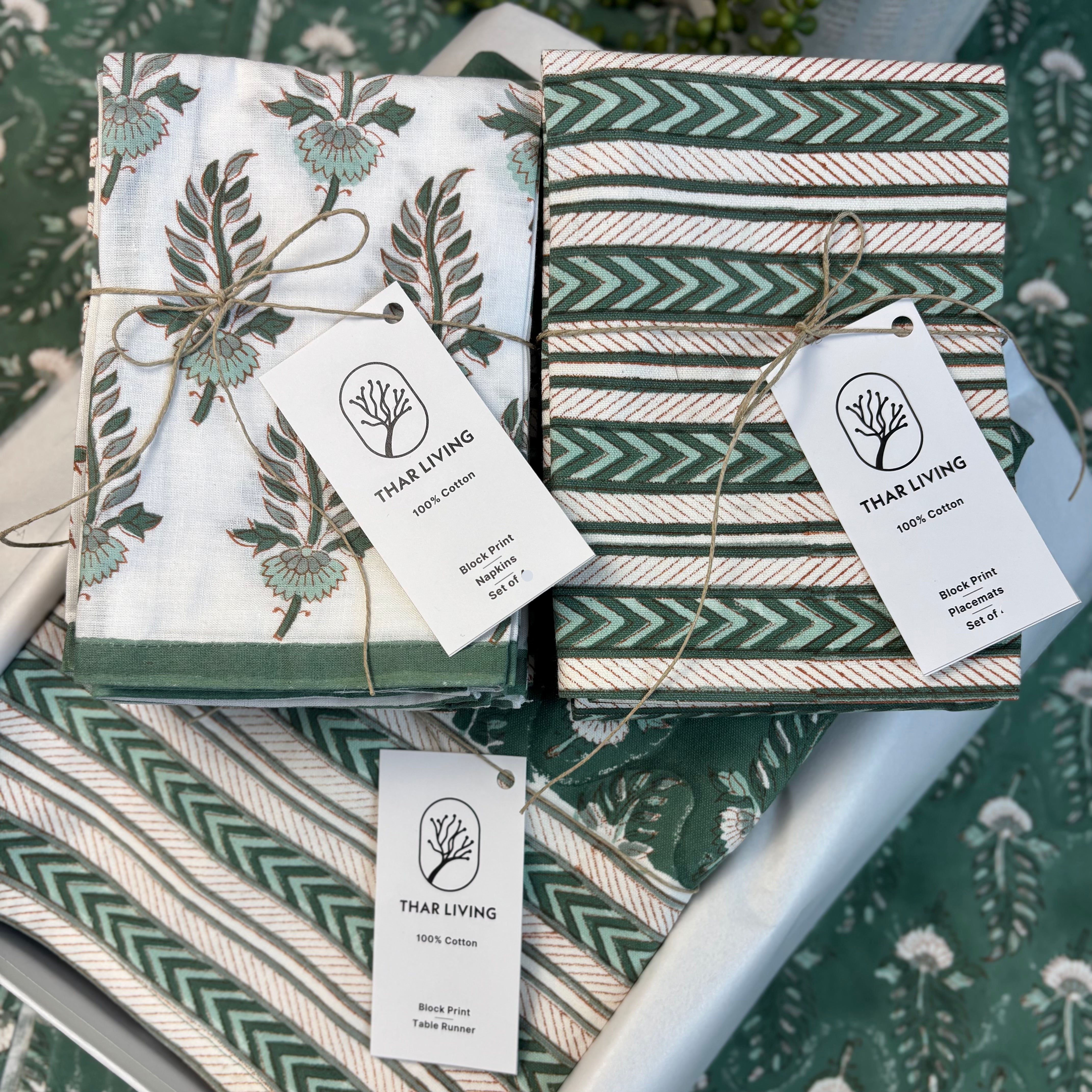 Noor Table Linen Gift Set | Hand Block Printed Runner, 6 Mats & 6 Napkins | Artisan Holiday Gift Under $150
