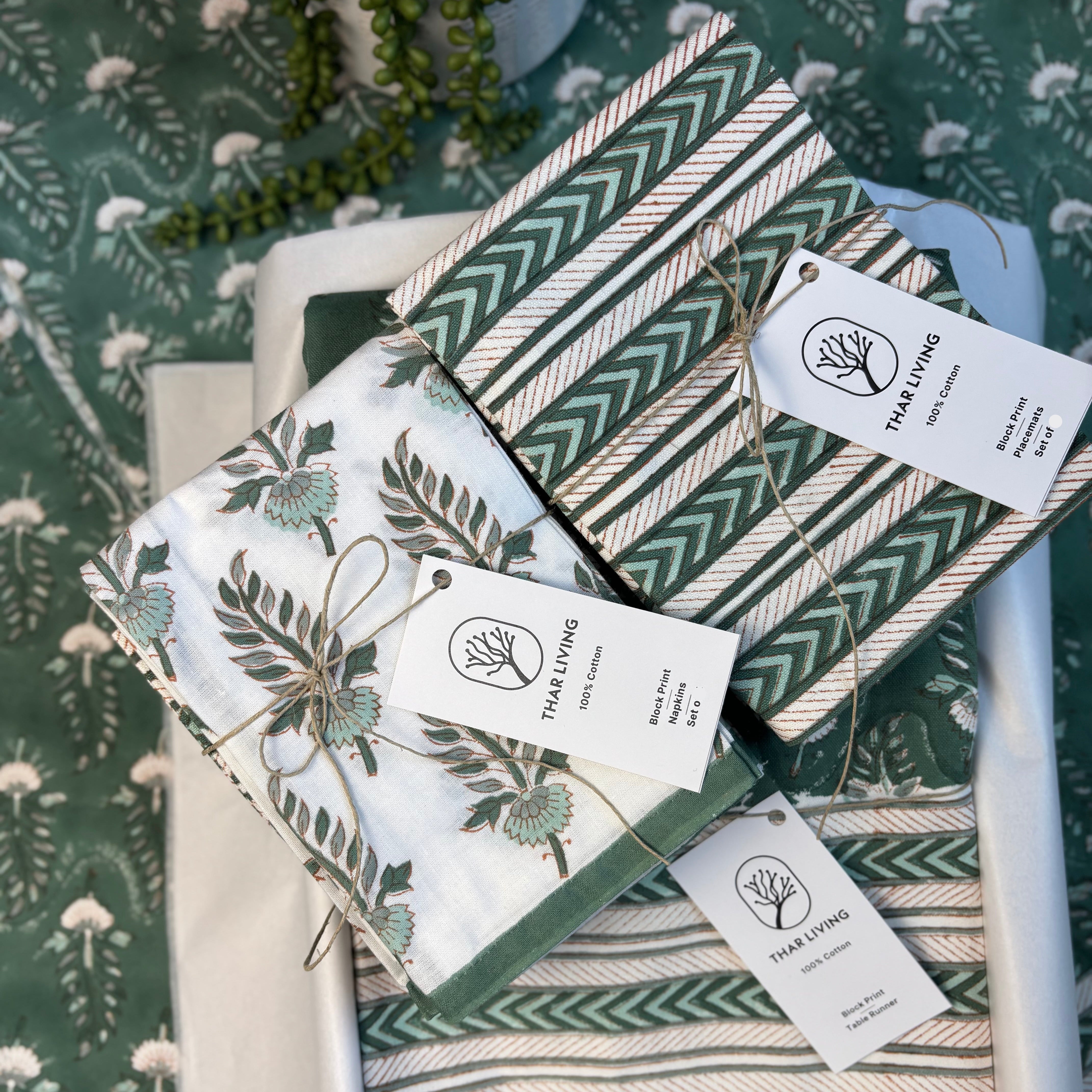 Noor Table Linen Gift Set | Hand Block Printed Runner, 6 Mats & 6 Napkins | Artisan Holiday Gift Under $150
