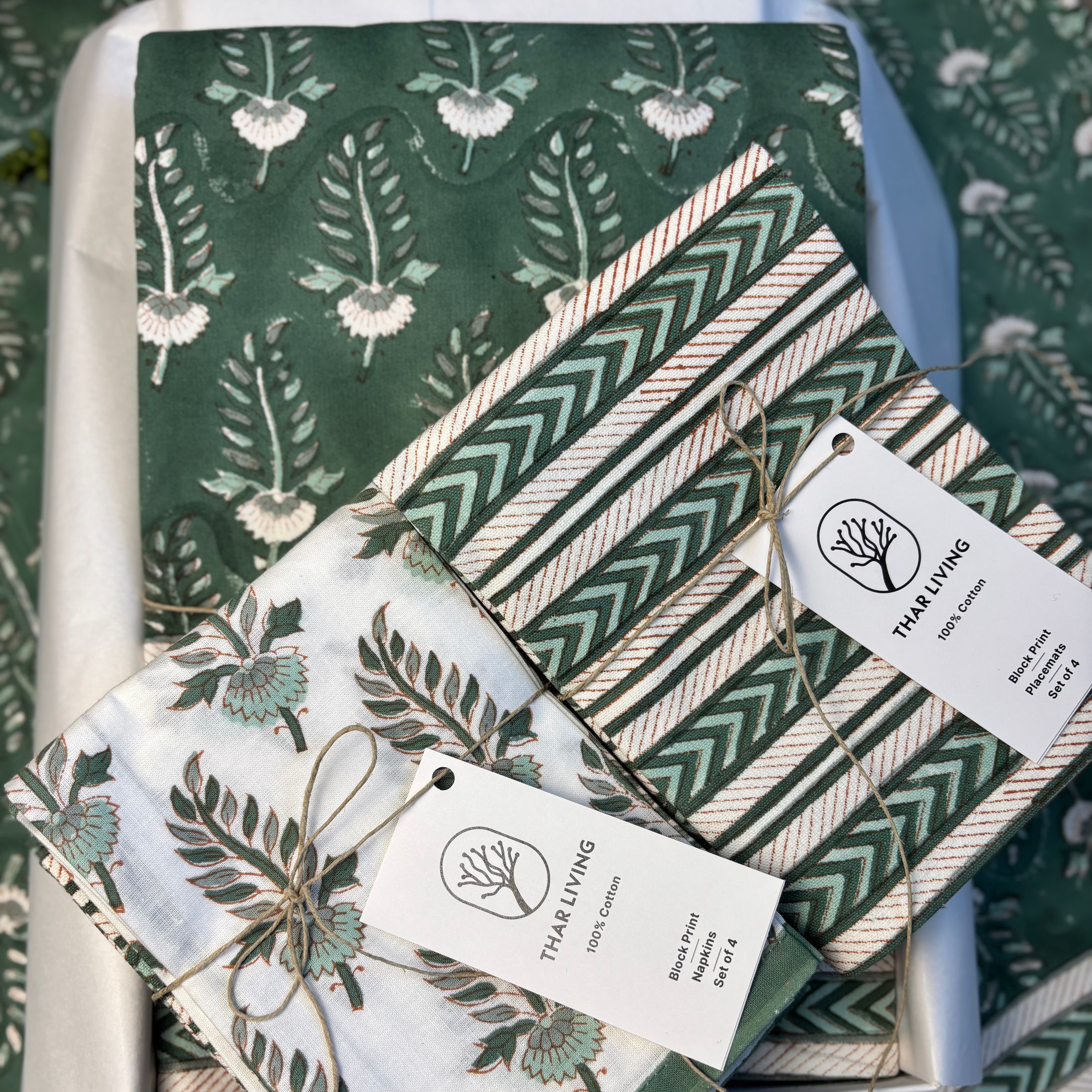 Noor Table Linen Gift Set | Hand Block Printed Runner, 4 Mats & 4 Napkins | Artisan Holiday Gift Under $120