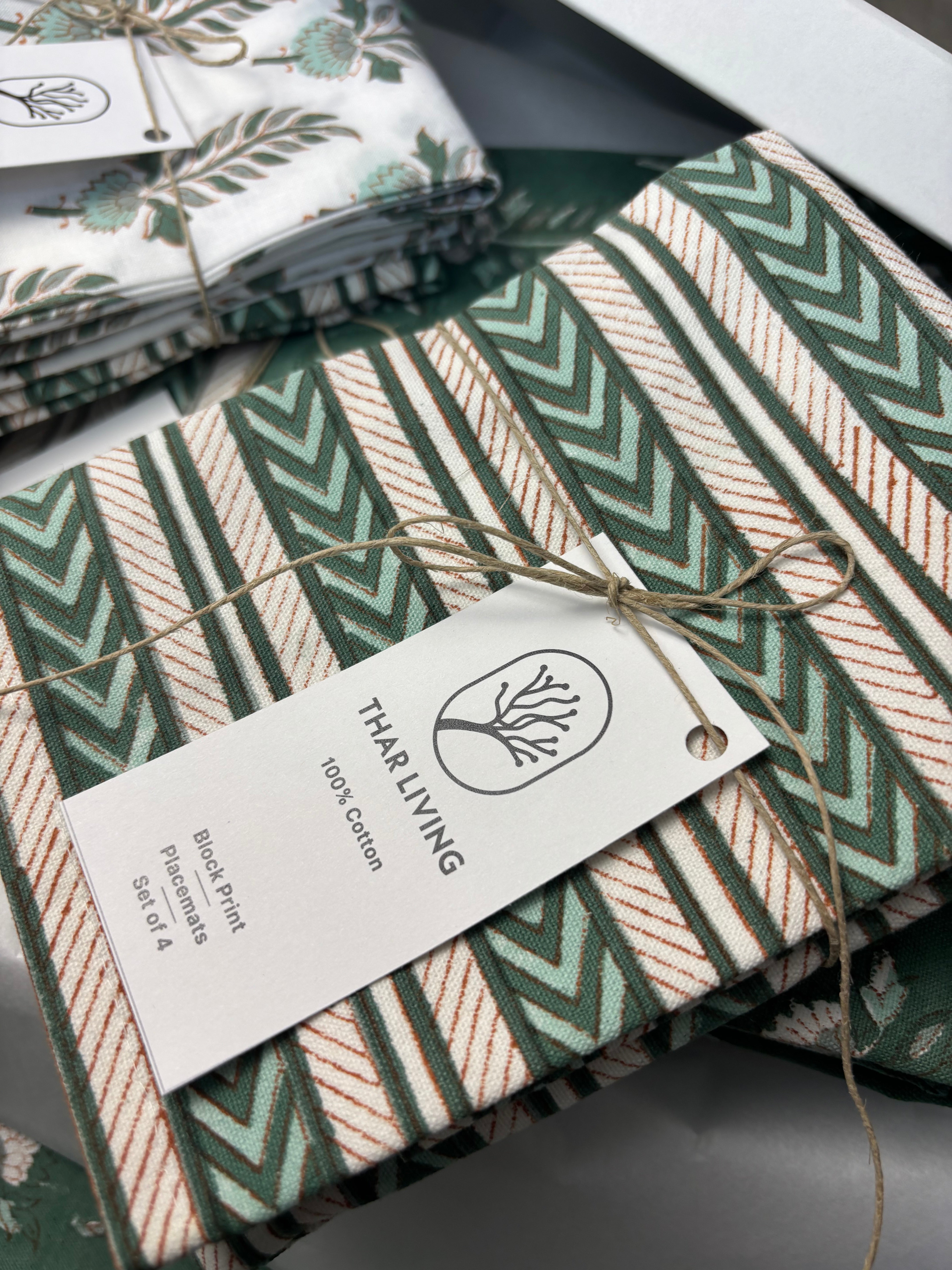 Noor Table Linen Gift Set | Hand Block Printed Runner, 4 Mats & 4 Napkins | Artisan Holiday Gift Under $120